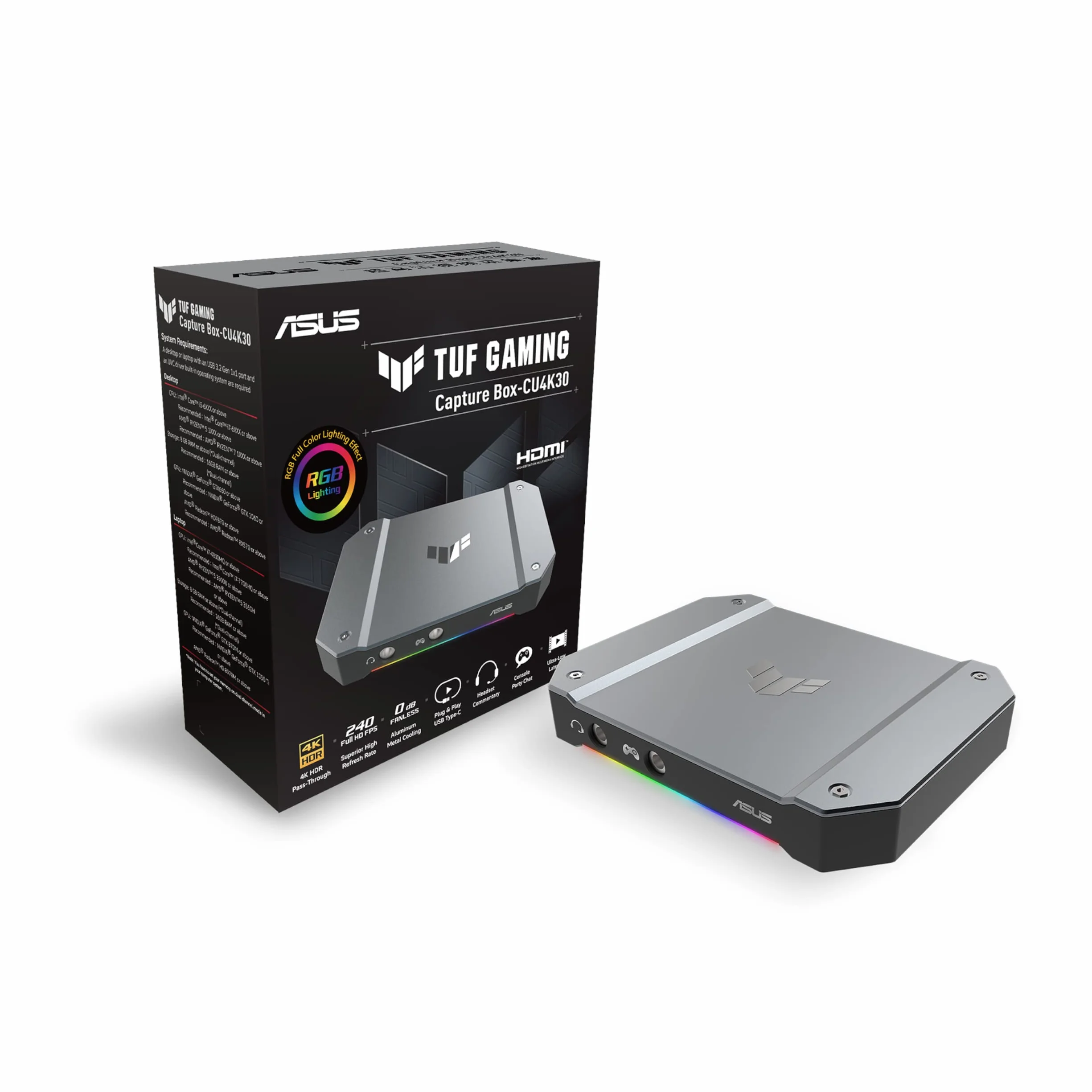 ASUS TUF Gaming Capture Box CU4K30, Streaming: 4K 30fps|2K 60fps|FullHD 60fps, Passthrought: 4K 60Hz|2K 144Hz|FullHD 240Hz, USB 3.2 Gen 1x1 Type-C, HDMI 2.0, Jack 3.5mm, Compatibile con OBS, Nero