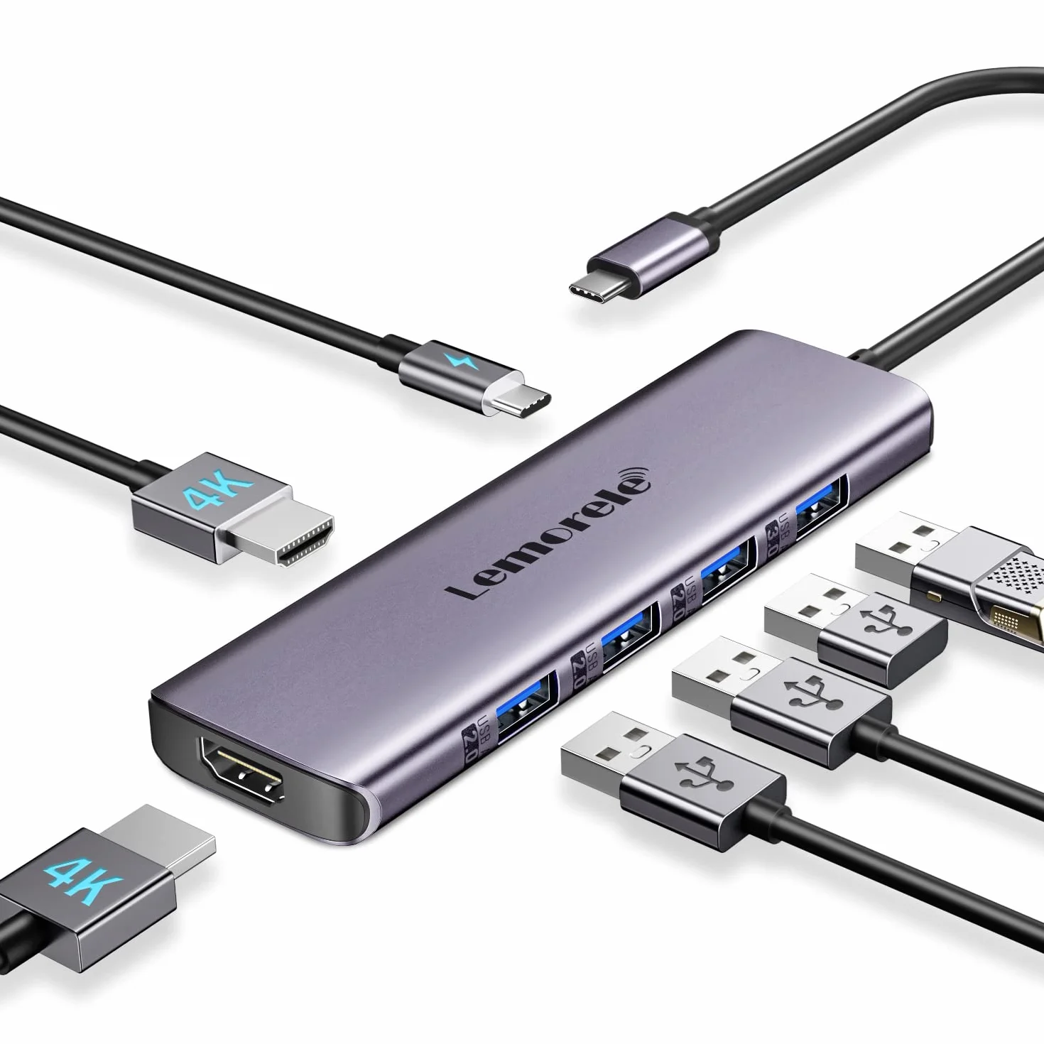 Lemorele Docking Station 2 HDMI, 7-in-1 Aluminio Hub USB con 2*HDMI 4K@30HZ, 4*USB-A 3.0/2.0, 1*PD 100W, USB C Hub Dual Monitor Adattatore Multiporta per Windows/MacOS/Android/iOS/Linux