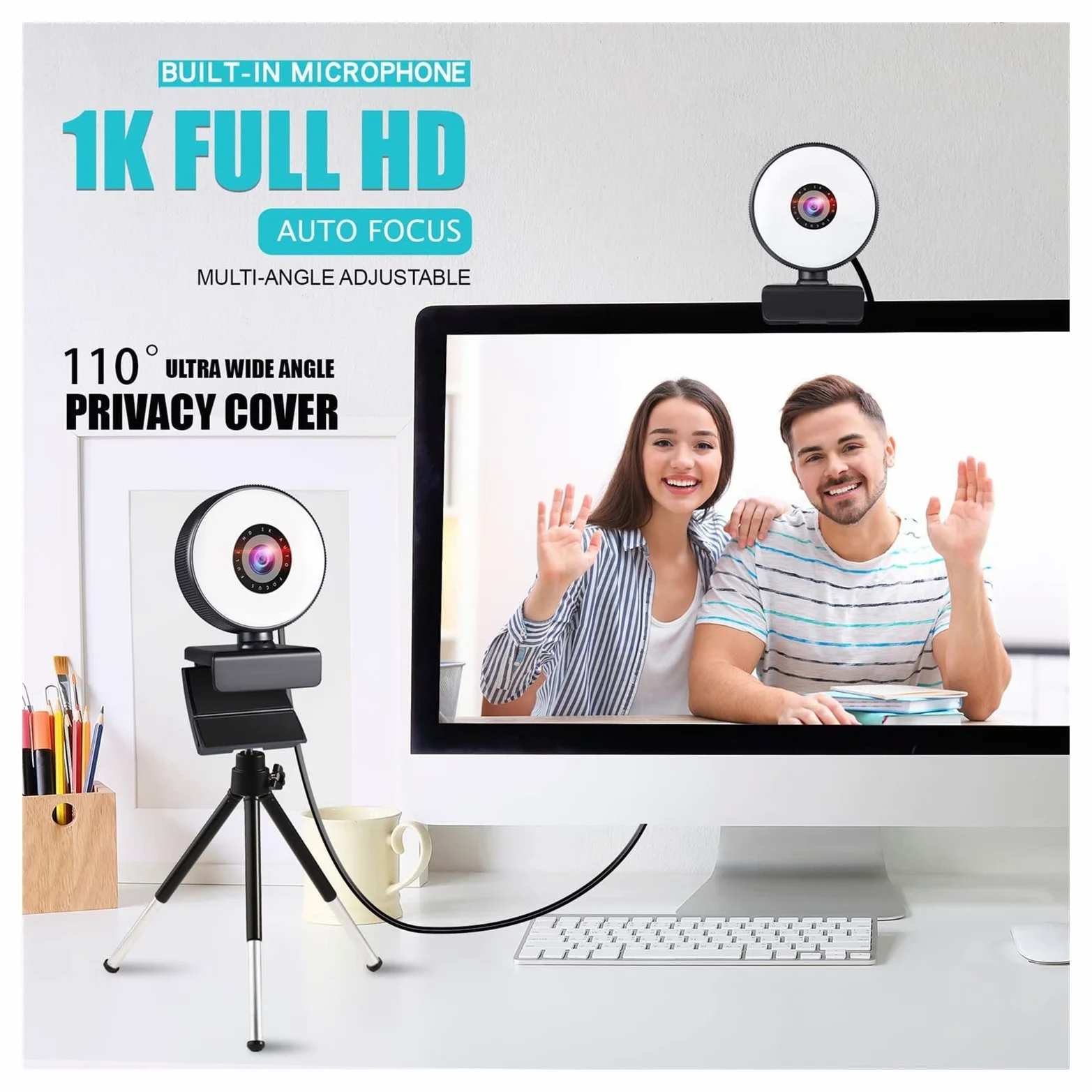 Webcam Webcam 4K Mini Web Camera for PC Computer Laptop with Microphone Auto Focus Light Video Webcam 1080P 2K Live Web Cam Accessories for Recording Calling Conferencing Gaming (2k (with Tripod))