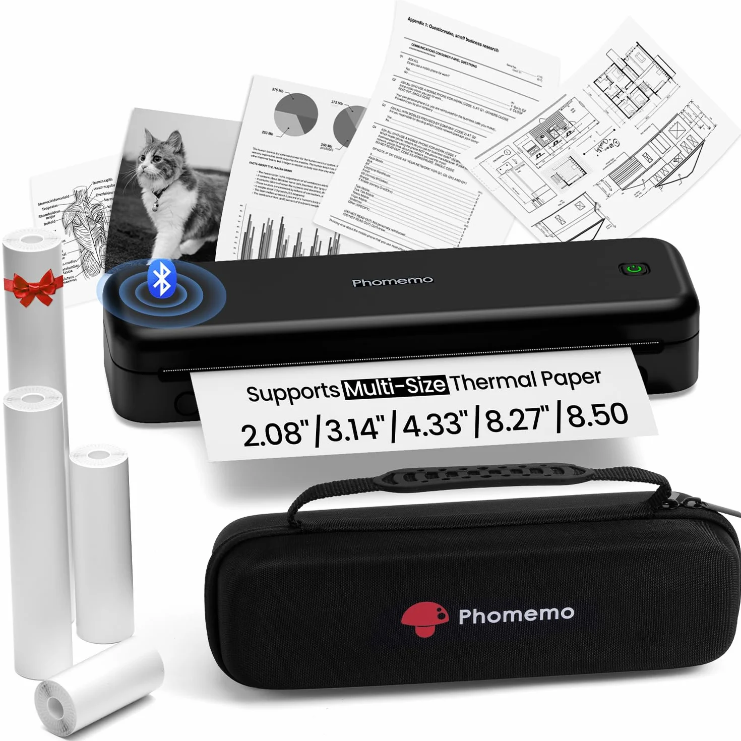 Phomemo M834 Stampante Termica Portatile A4 Bluetooth USB Nero con Custodia e 4 Rotoli Carta