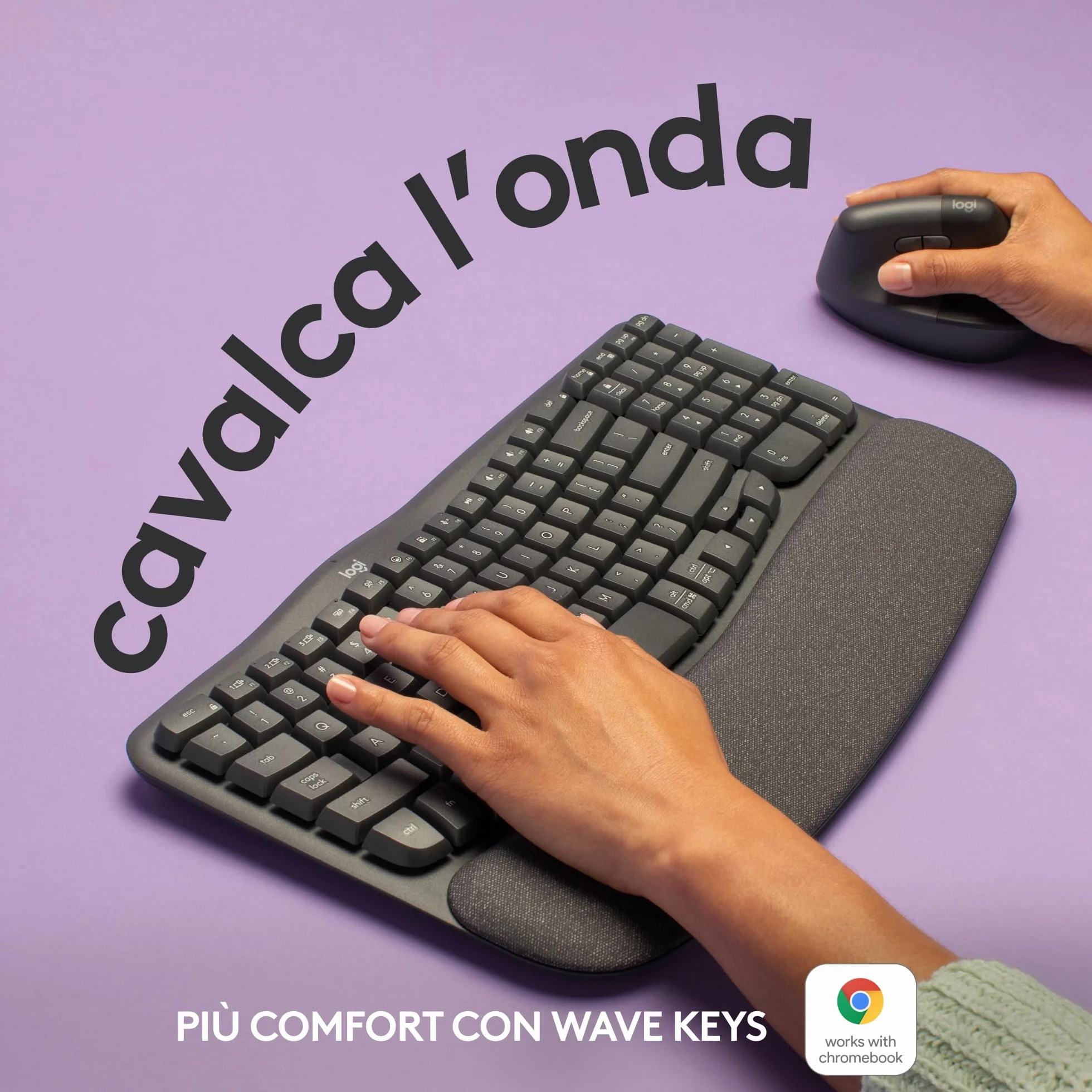 Logitech Wave Keys tastiera wireless ergonomica con supporto per i polsi imbottito, digitazione comoda, Easy-Switch, Bluetooth, Logi Bolt,compatibile con più sistemi operativi, Windows/Mac - Grafite