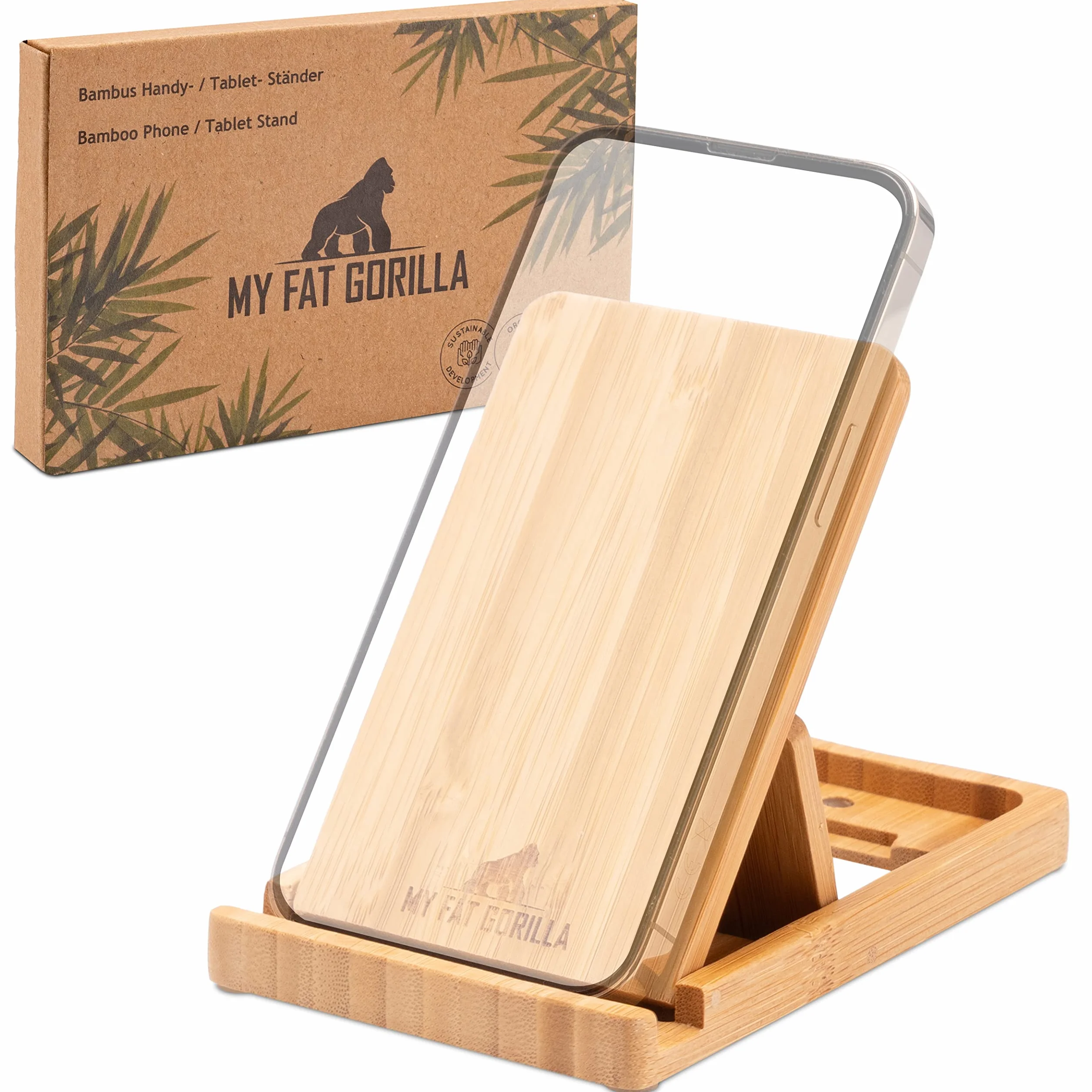 My Fat Gorilla Supporto regolabile per smartphone tablet iPad in legno di bambù da scrivania