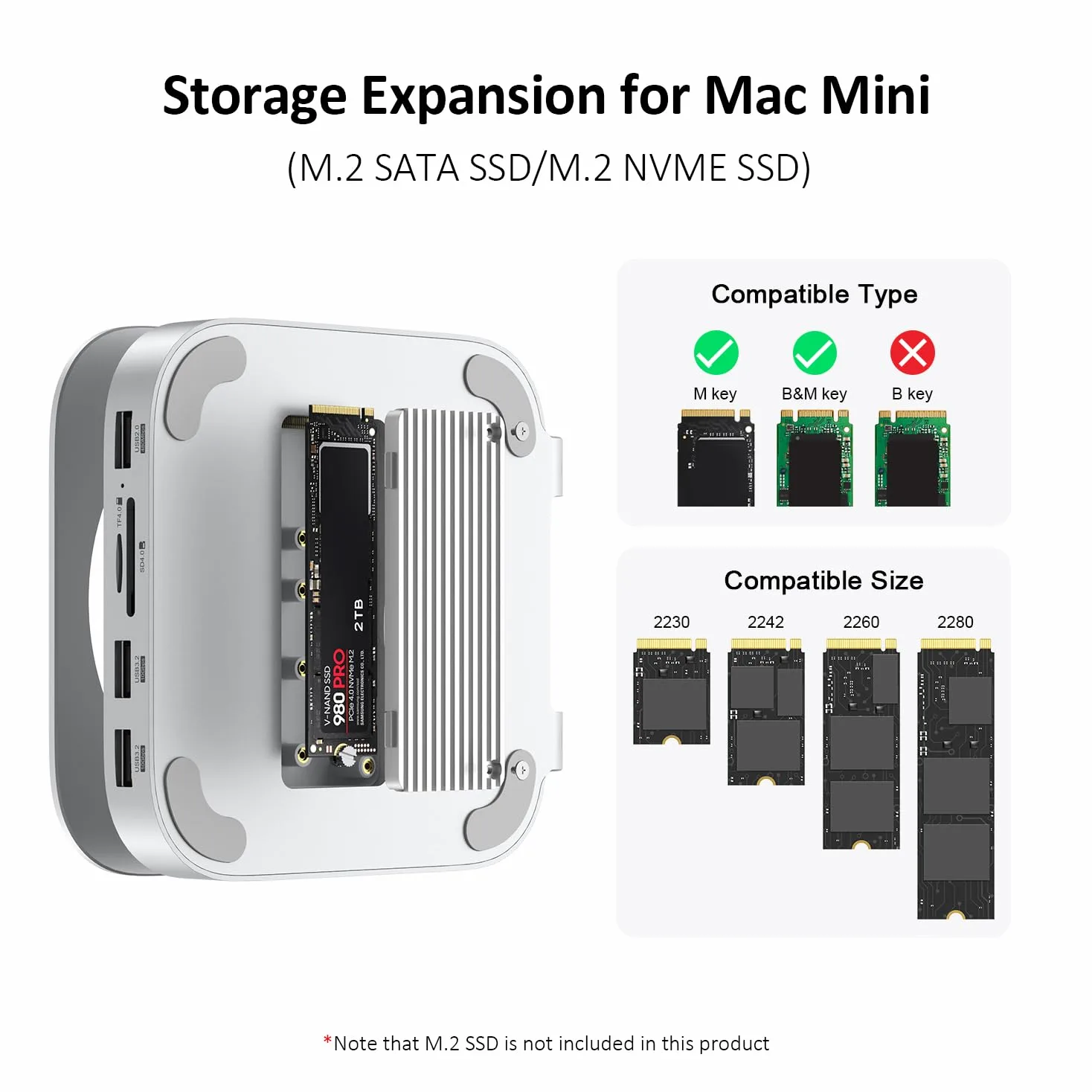 AKKYAJAURE Docking Station per Mac Mini M4/M4 Pro, 10 in 1 Hub e supporto in alluminio con custodia SSD M.2 NVMe,10 Gbps USB-A*2, lettori di schede SD/TF, USB 2.0