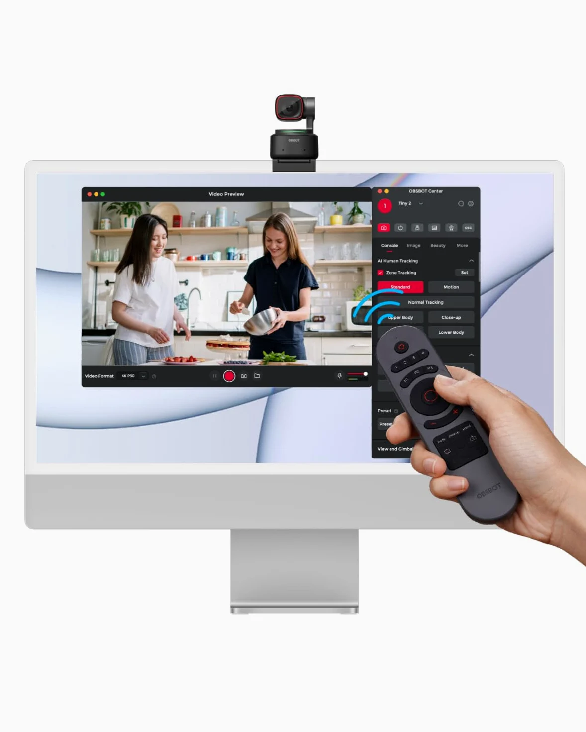 OBSBOT Tiny 2 Lite - Webcam 4K & Telecomando Remote Control,PTZ in Streaming con Sensore 1/2”, Tracking AI, Controllo dei Gesti, 60 FPS, HDR, Microfoni, Funziona con Conferenze, Riunioni Zoom