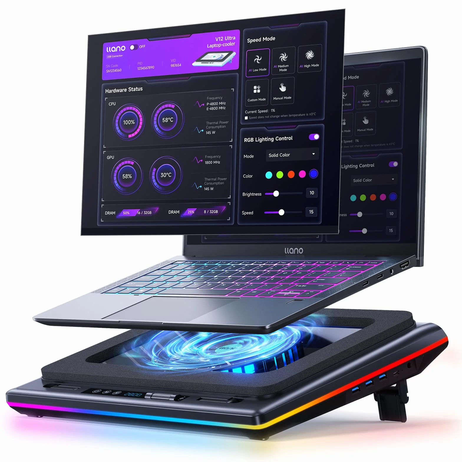 Llano V12 Ultra Raffreddatore per Laptop con Controllo Software, Ventilatore RGB Gaming, Turbo 5.5", 3x USB 3.0, per 15.6"-19"