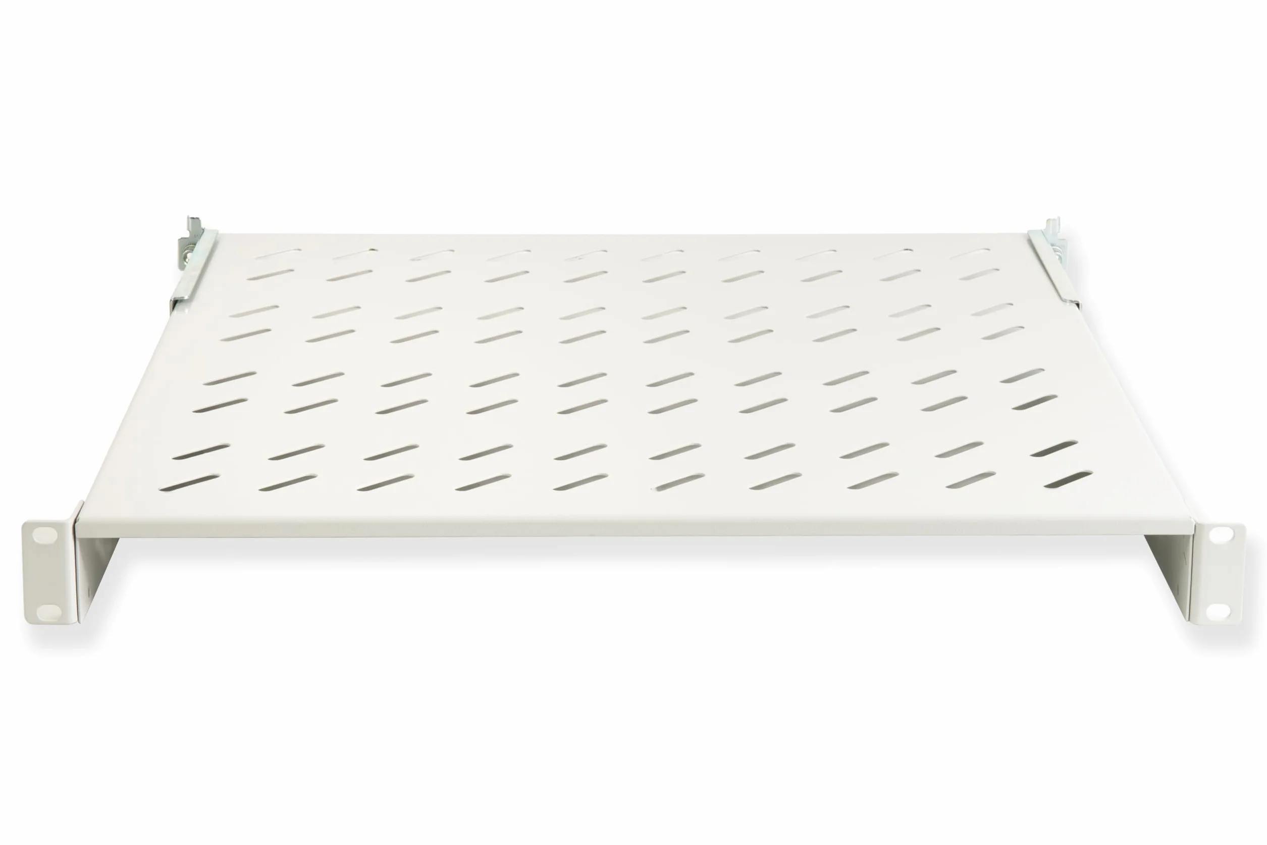 Link LKRIP450L - Ripiano in acciaio per armadio rack 19" universale (profondità 45-55 cm, grigio chiaro RAL7035) – 4 agganci frontali e posteriori – Portata 50 kg e superficie traforata per aerazione