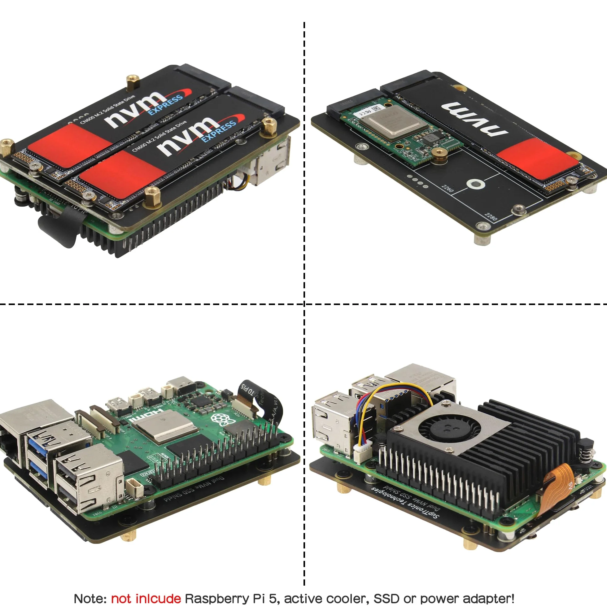 Geekworm X1005 Dual NVMe SSD Shield Bottom for Raspberry Pi 5, supports Hailo-8 AI Accelerator