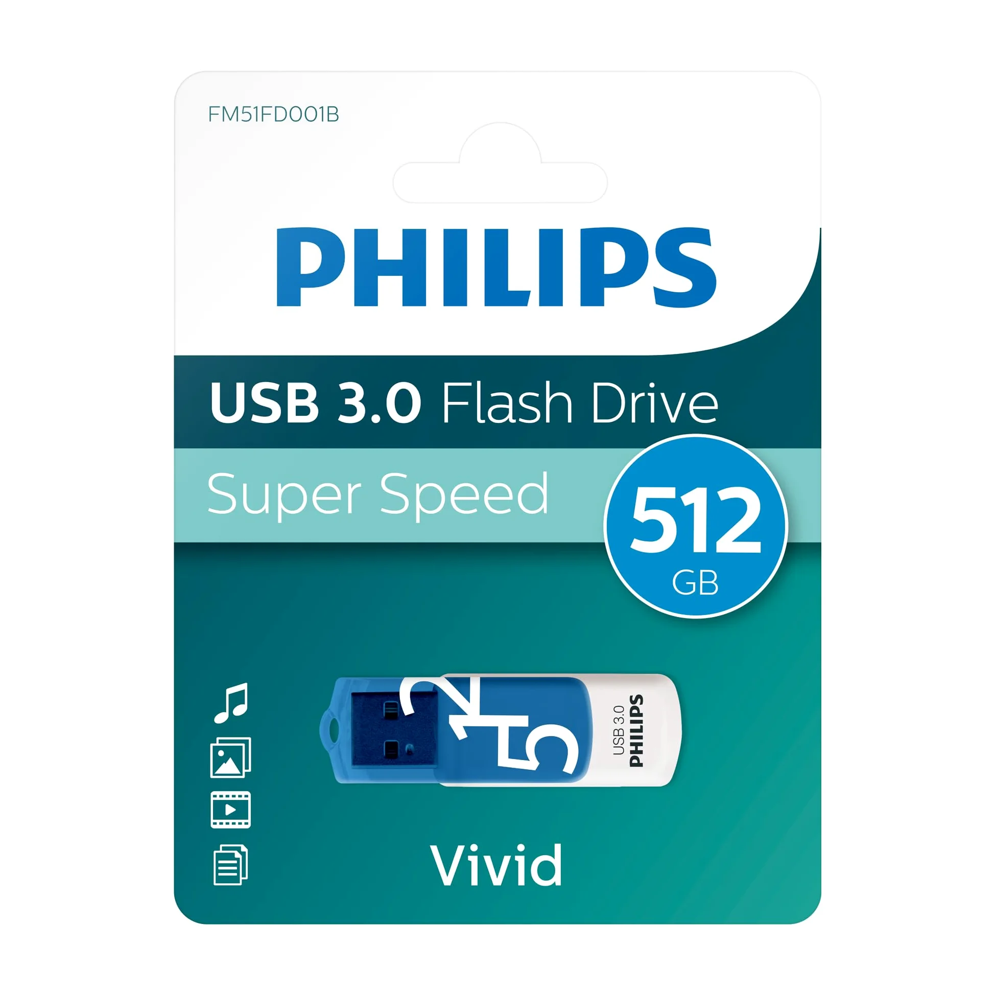 Philips Vivid Edition Super Speed USB 3.0 unità flash USB 512 GB con cappuccio girevole per PC, laptop, computer, archiviazione dati, velocità di lettura fino a 120 MB/s