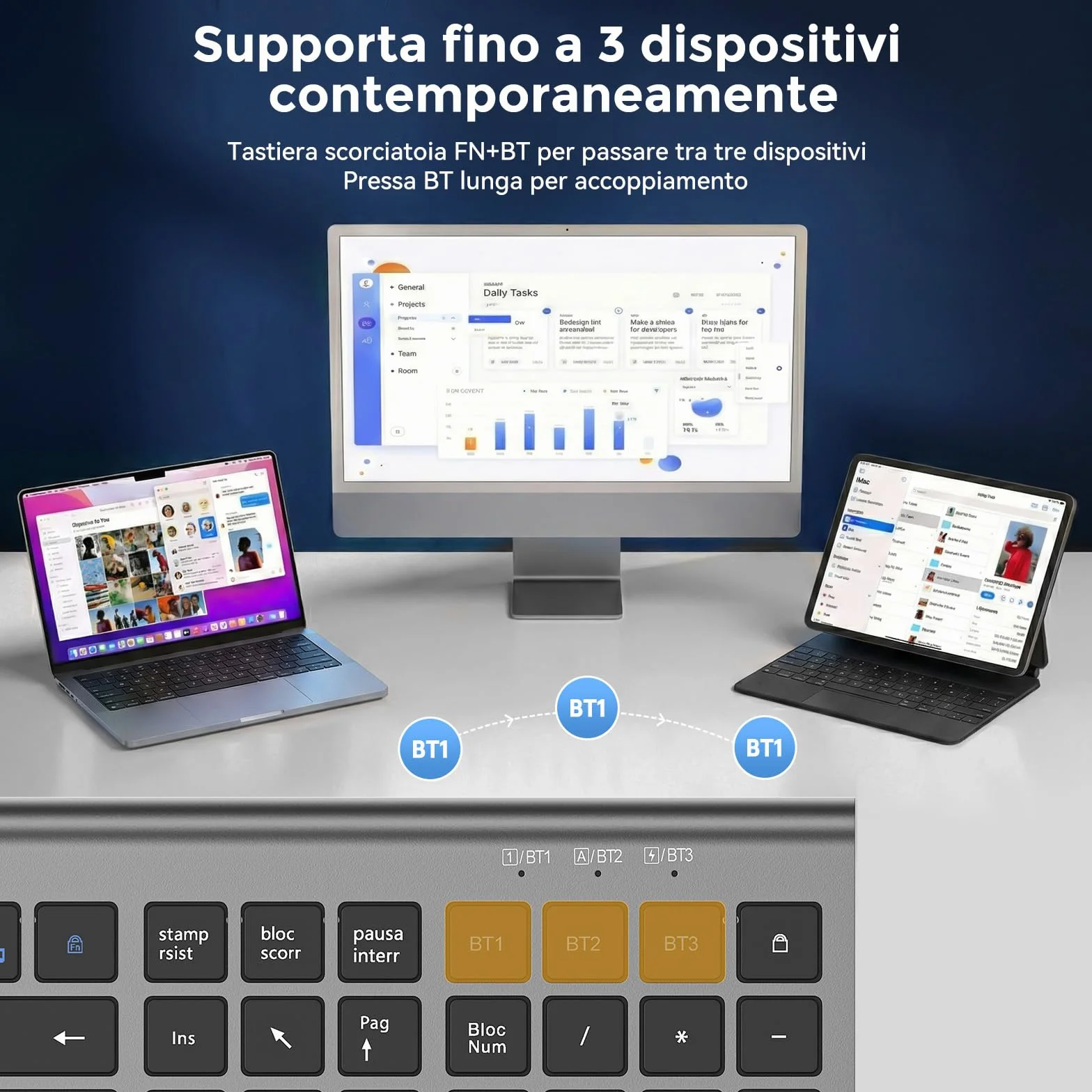 cimetech Tastiera wireless Bluetooth, Tastiera wireless ricaricabile multi-dispositivo con connessione facile fino a 3 dispositivi - Layout italiano, tasti silenziosi Compatibile con Mac, Windows, iOS