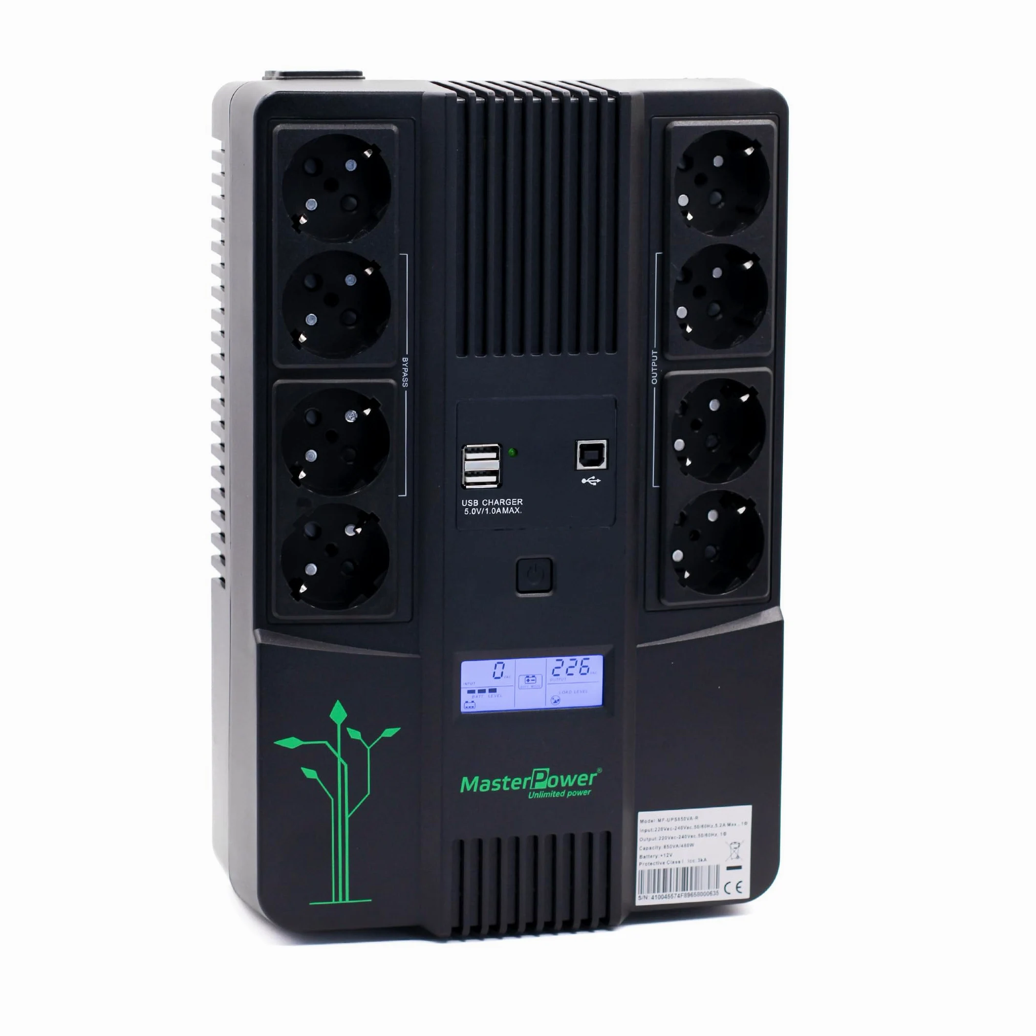 Master U-Power UPS 850VA (480W) Offline – Gruppo di Continuità con Display LCD, 8 Prese Schuko, USB e RJ45 – Protezione Elettrica per PC e Rete
