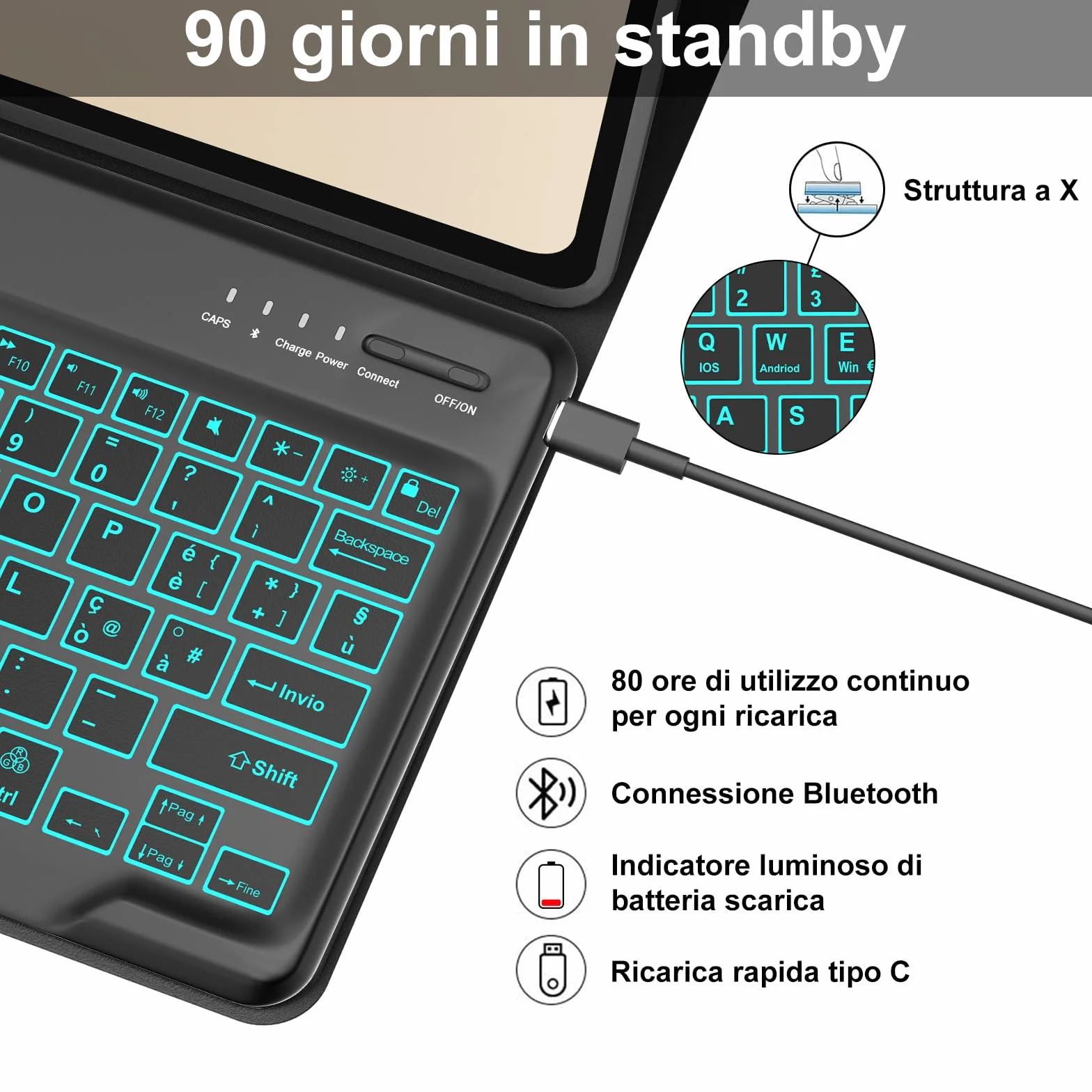 IVEOPPE Tastiera per HONOR Pad 10 12.1 Pollici 2025, Cover con Tastiera Rimovibile, Keyboard Italiano QWERTY 7 Colori Illuminato, Custodia con Portapenna, Nero