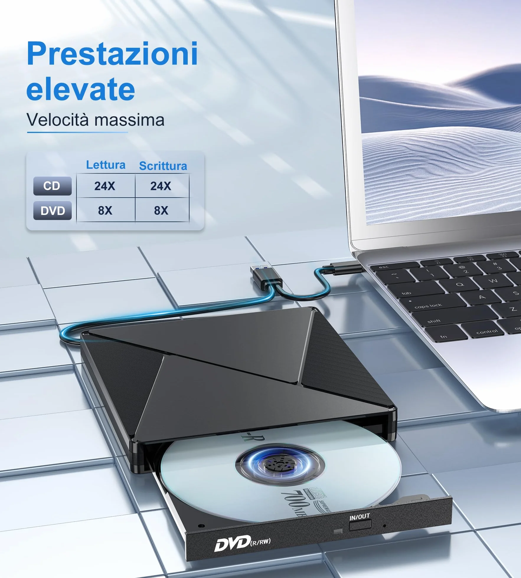 Umaniy Lettore DVD CD Esterno per PC Portatile, Masterizzatore CD/DVD +/-RW Drive CD ROM Unità DVD Esterne per Windows/XP/Vista/Linux/MacOS/Linux/Laptop/Desktop