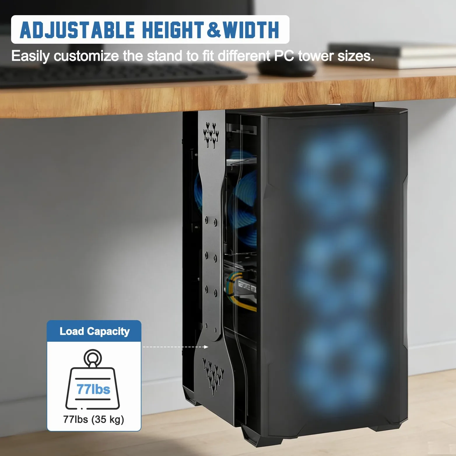 Supporto per PC sotto la scrivania, supporto per PC con capacità di carico di 35 kg, regolabile in altezza (34-65 cm), supporto universale per computer, per ufficio, casa e posto di lavoro