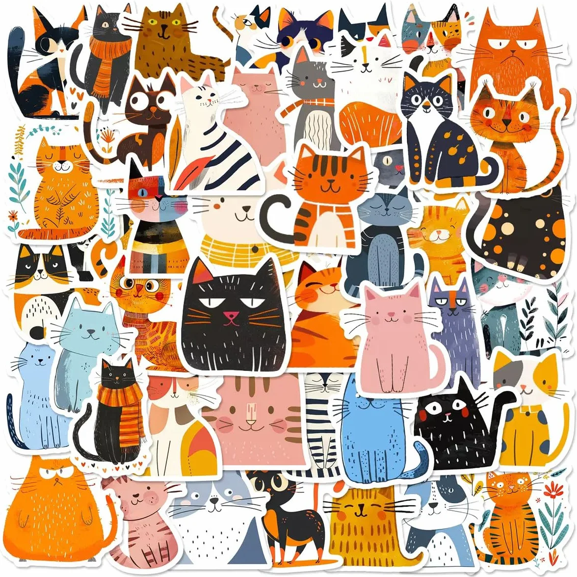 50 adesivi per gatti e piante,graziosi adesivi impermeabili per gatti neri, cartoni animati Kawaii, laptop, in vinile, per skateboard, bicicletta, ciclomotori, moto, scrapbooking(colore)
