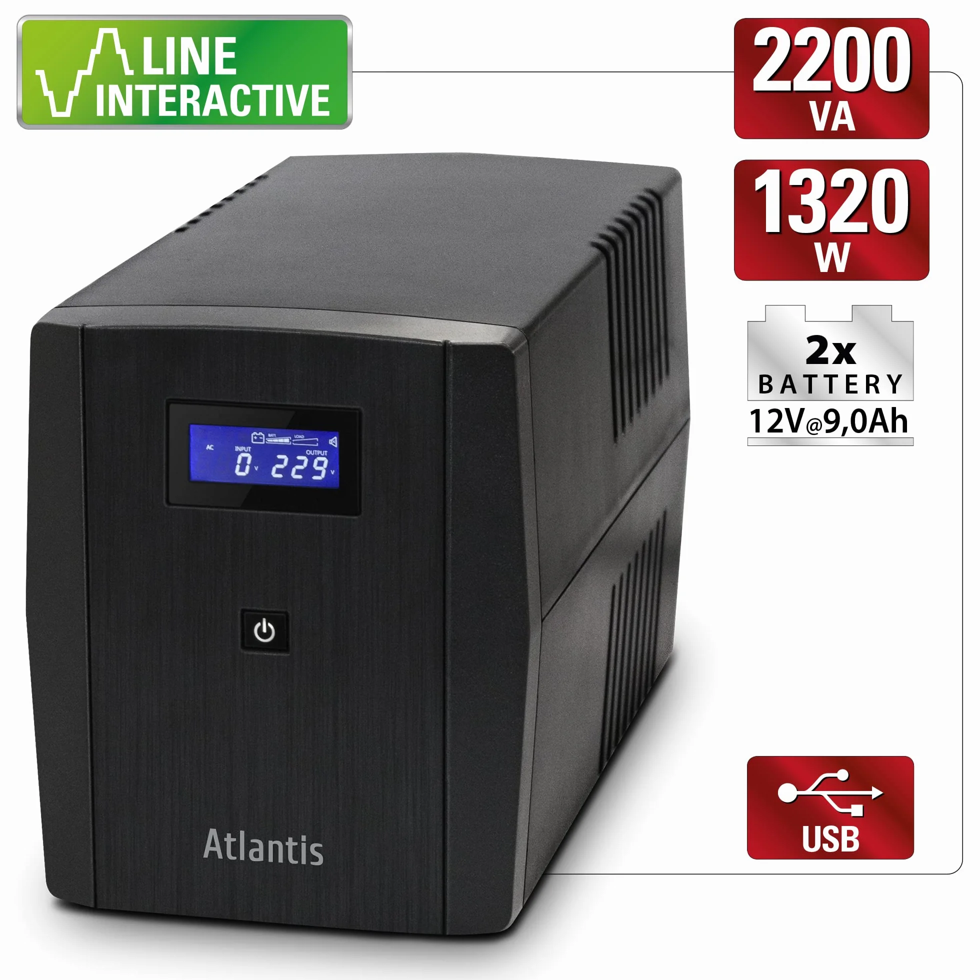 Atlantis OnePower S2001 UPS Line Interactive 2000VA 1200W AVR Onda PseudoSinusoidale 4 Prese IEC 1 Presa Schuko 2 Batterie 12V 10Ah