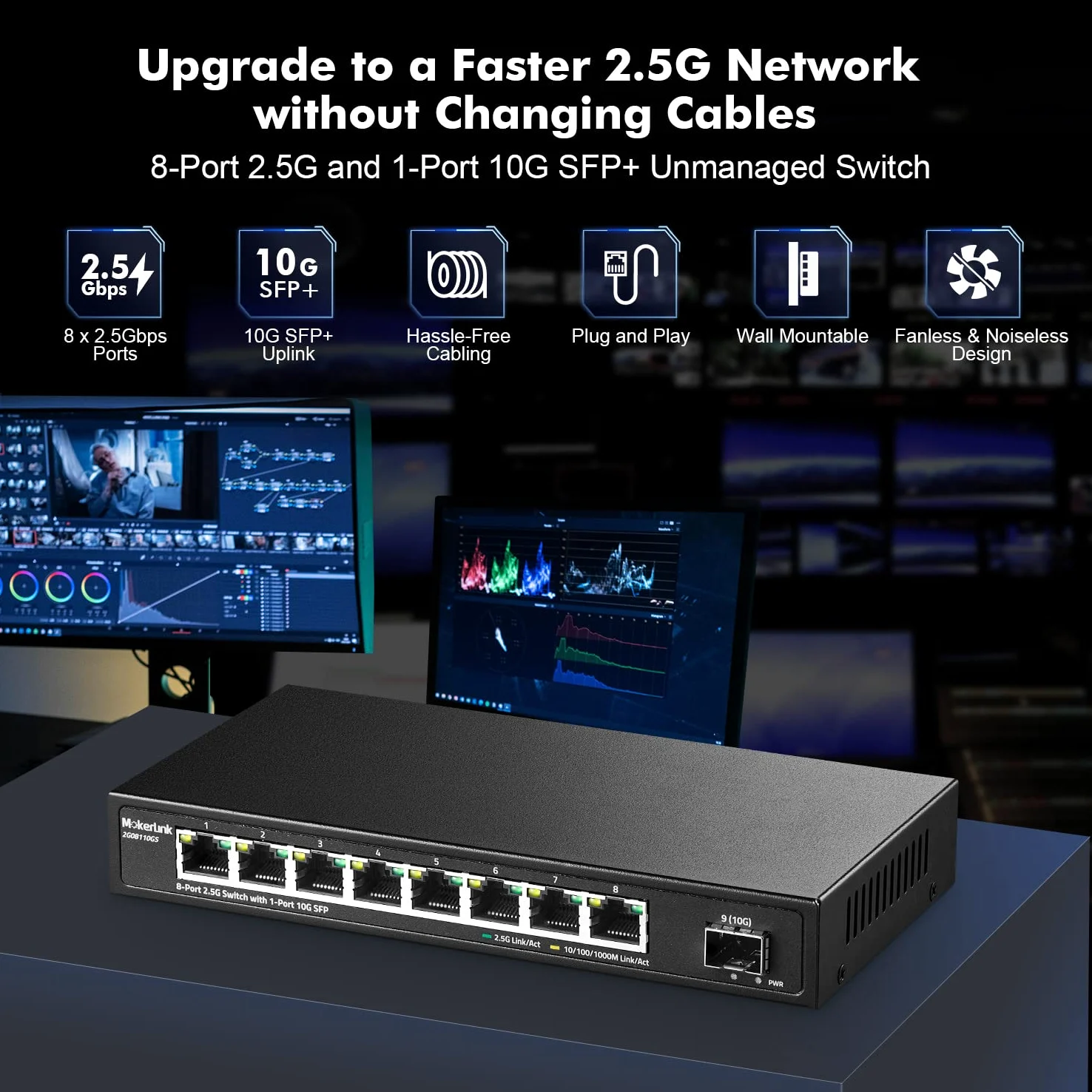 Switch Ethernet MokerLink a 8 porte 2,5Gbps con porta SFP 10G, 8 porte Base-T 2,5G compatibili con 100/1000Mbps, switch di rete senza ventola in metallo Plug and Play