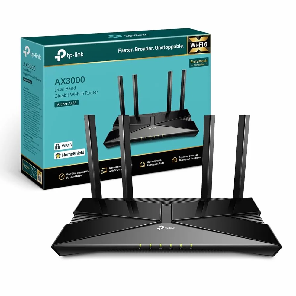 TP-Link Archer AX58 AX3000Mbps Router WiFi 6 Dual-Band, 4 Porta Gigabit, 2402Mbps su 5 GHz e 574Mbps su 2,4 GHz, 4 Antenne Ad Alto Guadagno, Parental Control, Rete Ospiti, QoS, EasyMesh, WPA3, Alexa