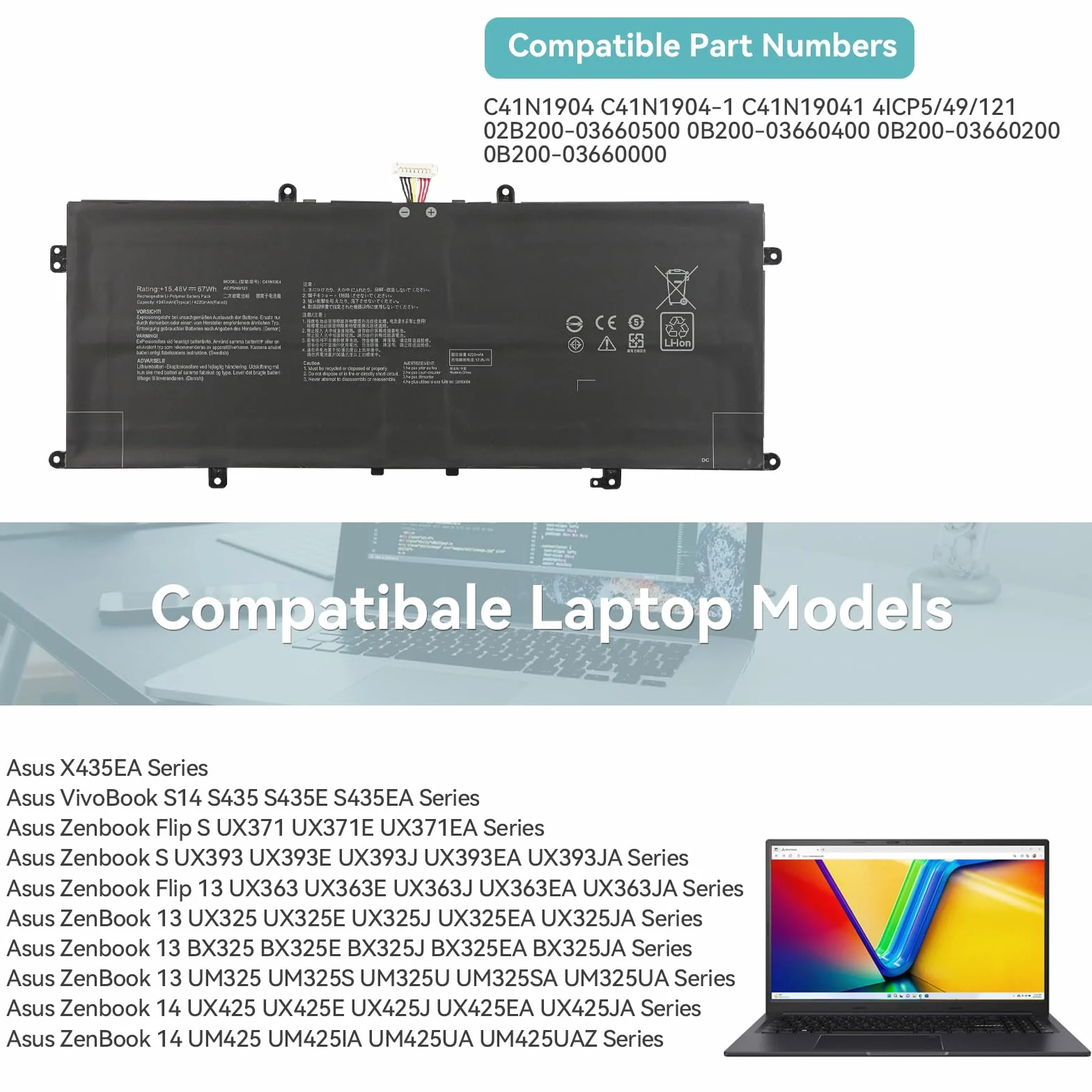 C41N1904 Laptop Batteria per Asus Zenbook Flip 13 14 UX363EA UX363JA UX393EA UX393JA UX325EA UX325JA UX425EA UX425JA UM425IA X435EA BX325EA BX325JA UM325SA UM325UA S UX371EA VivoBook S14 S435 S435EA
