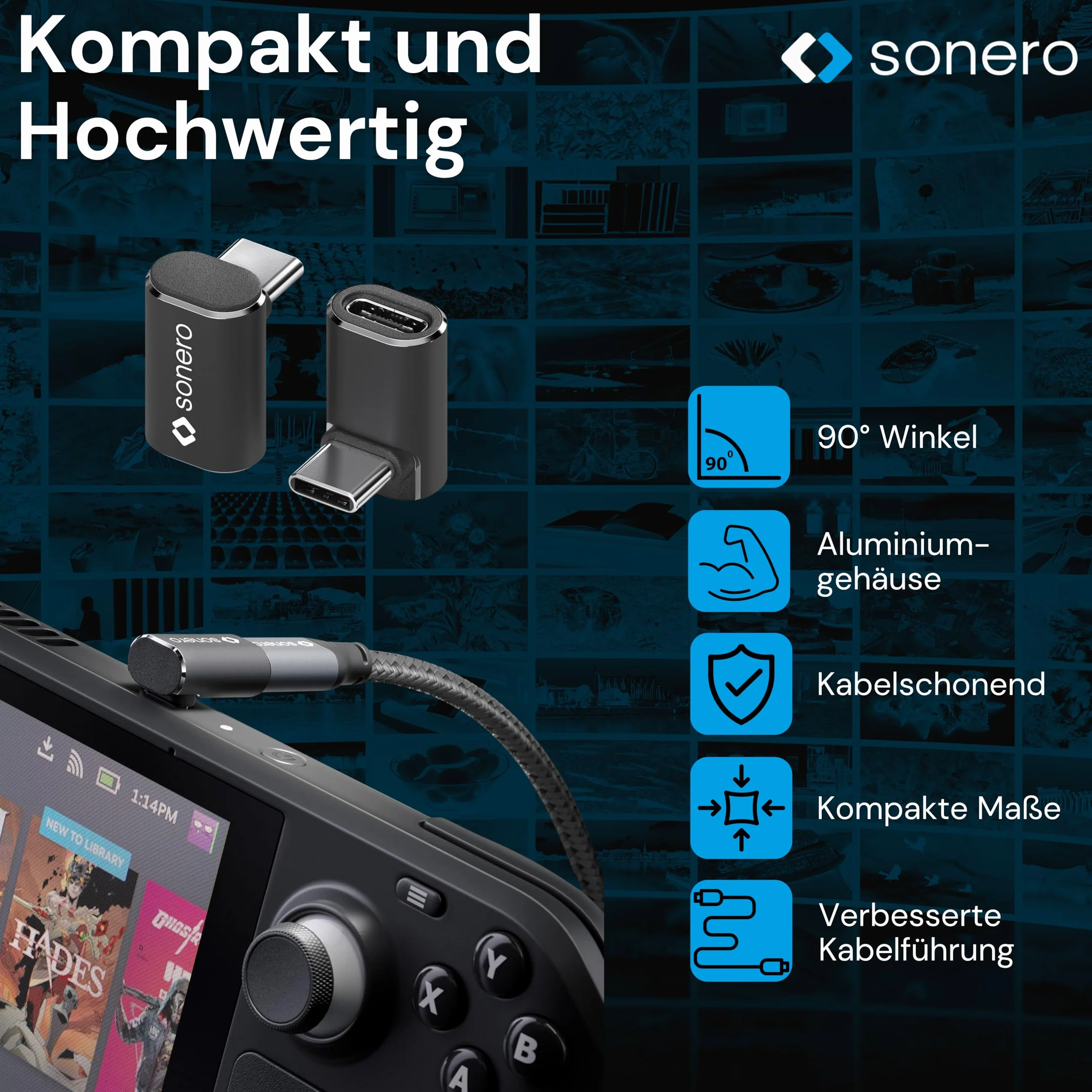Sonero USB-C maschio a presa USB-C inclinata a 90°, adattatore, 40 Gbps, 240 W, 8K60 Hz, alloggiamento in alluminio, nero