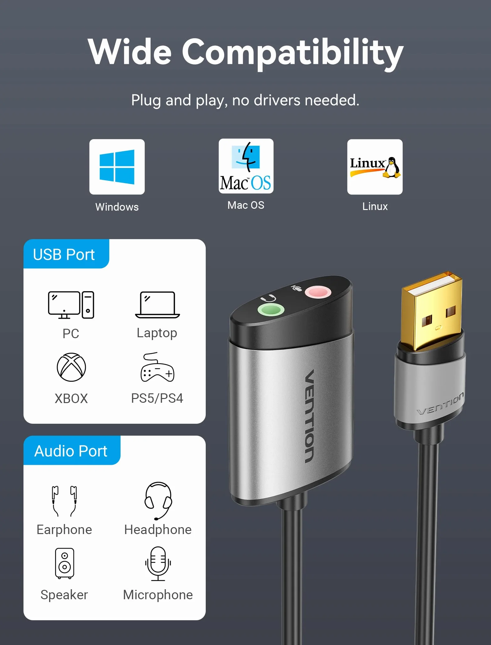 VENTION Scheda Audio esterna USB Adattatore USB Jack 3.5 Cuffie Microfono TRRS per Cuffie Microfono Stereo Casse, Compatibile con Windows, Mac OS, Linux, PS5, Plug And Play