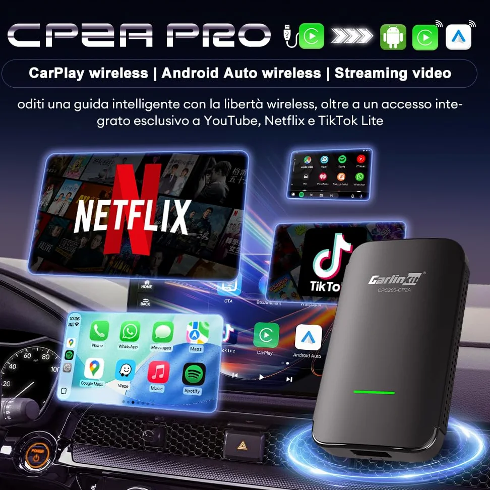 Carlinkit Adattatore CarPlay CP2A Pro senza fili - Supporta lo streaming di Netflix/YouTube/TikTok Lite per auto CarPlay cablate di fabbrica, dongle Android senza fili e per auto, USB-A/C