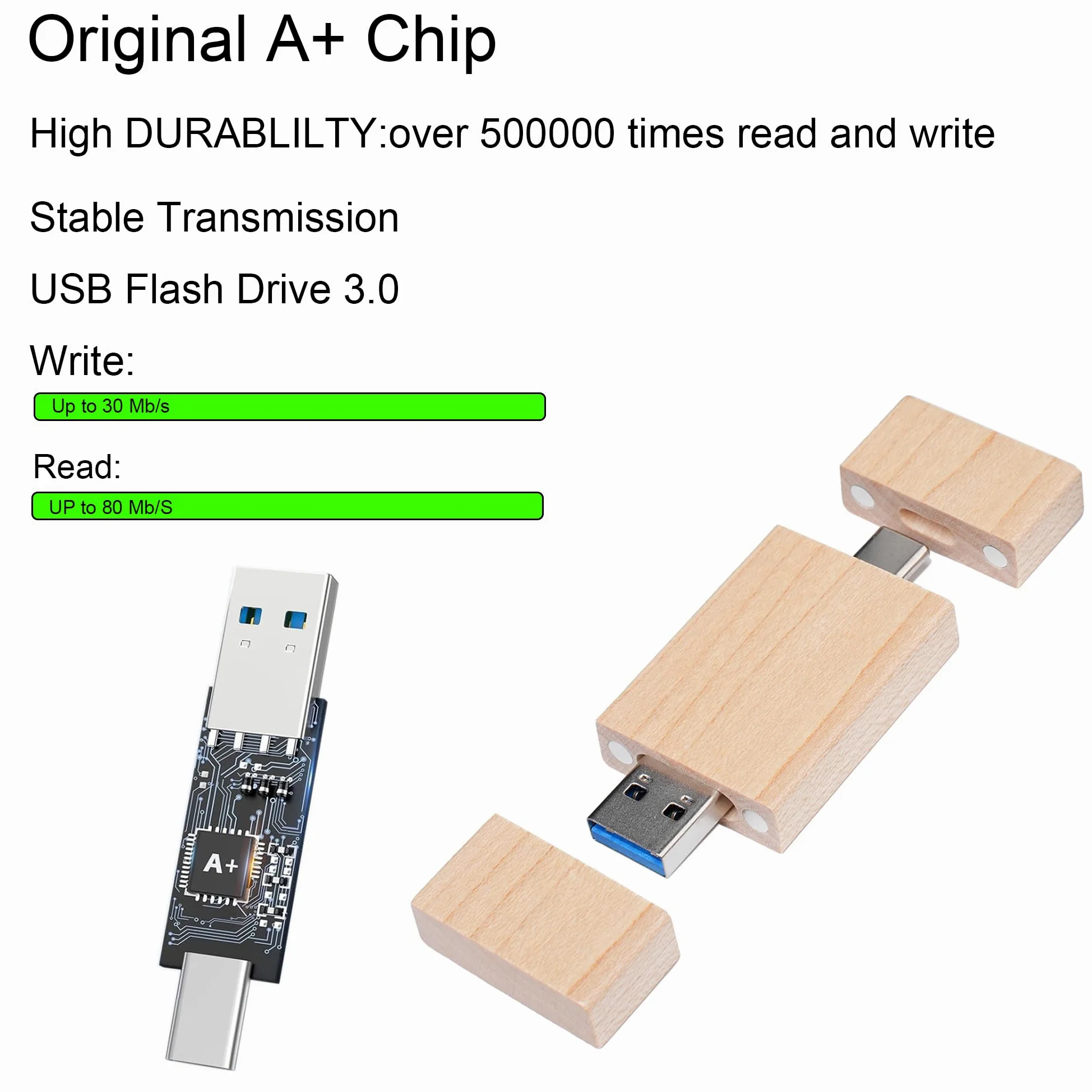 Chiavetta USB C da 32 GB, chiavetta USB 3.0 ad alta velocità, tipo C, doppia OTG, in legno d'acero, per TV, auto, smartphone, PC, laptop