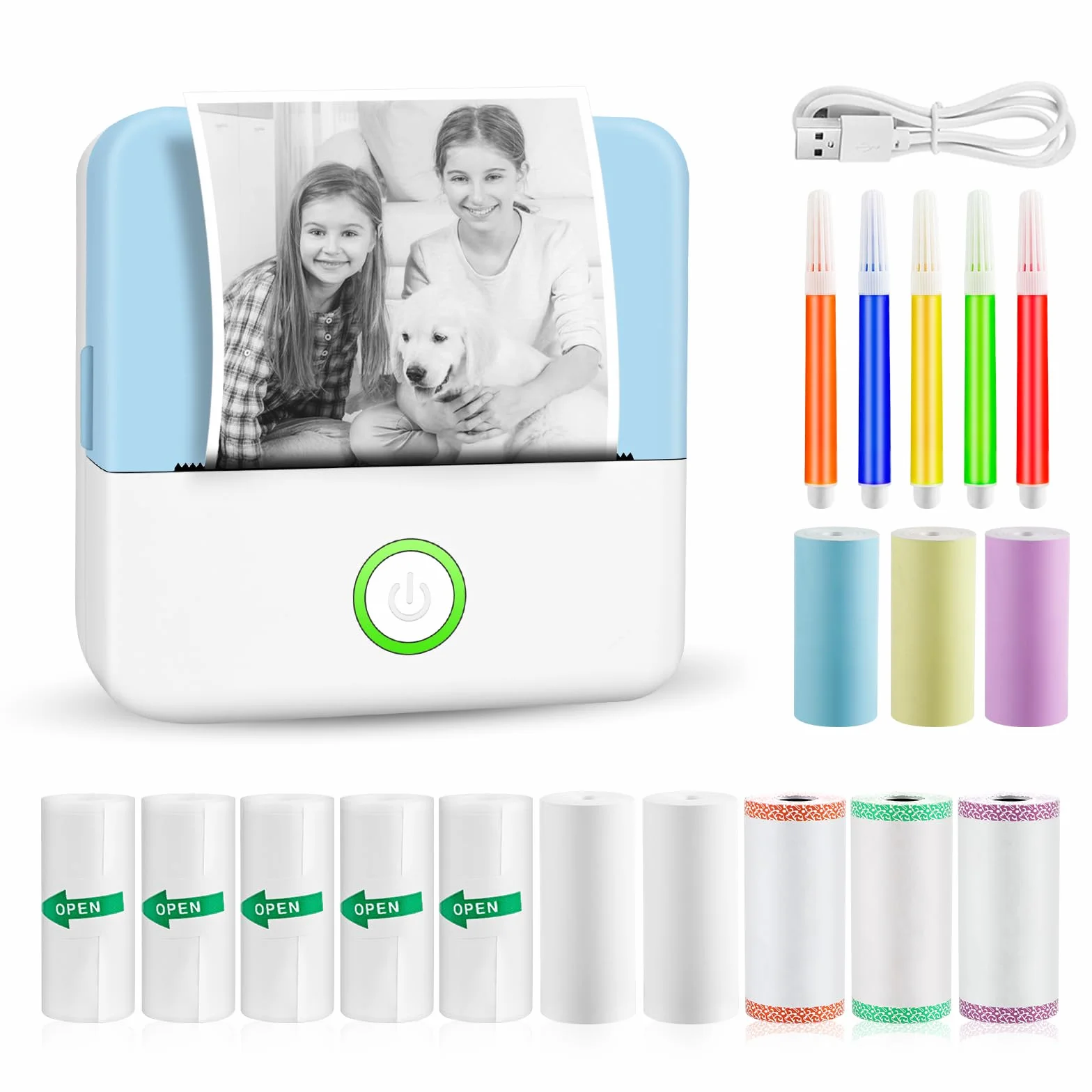 GuKKK Mini stampante, stampante fotografica portatile, mini stampante fotografica wireless, stampante termica con 13 rotoli e 6 matite colorate, smartphone Bluetooth, per elenco, diario