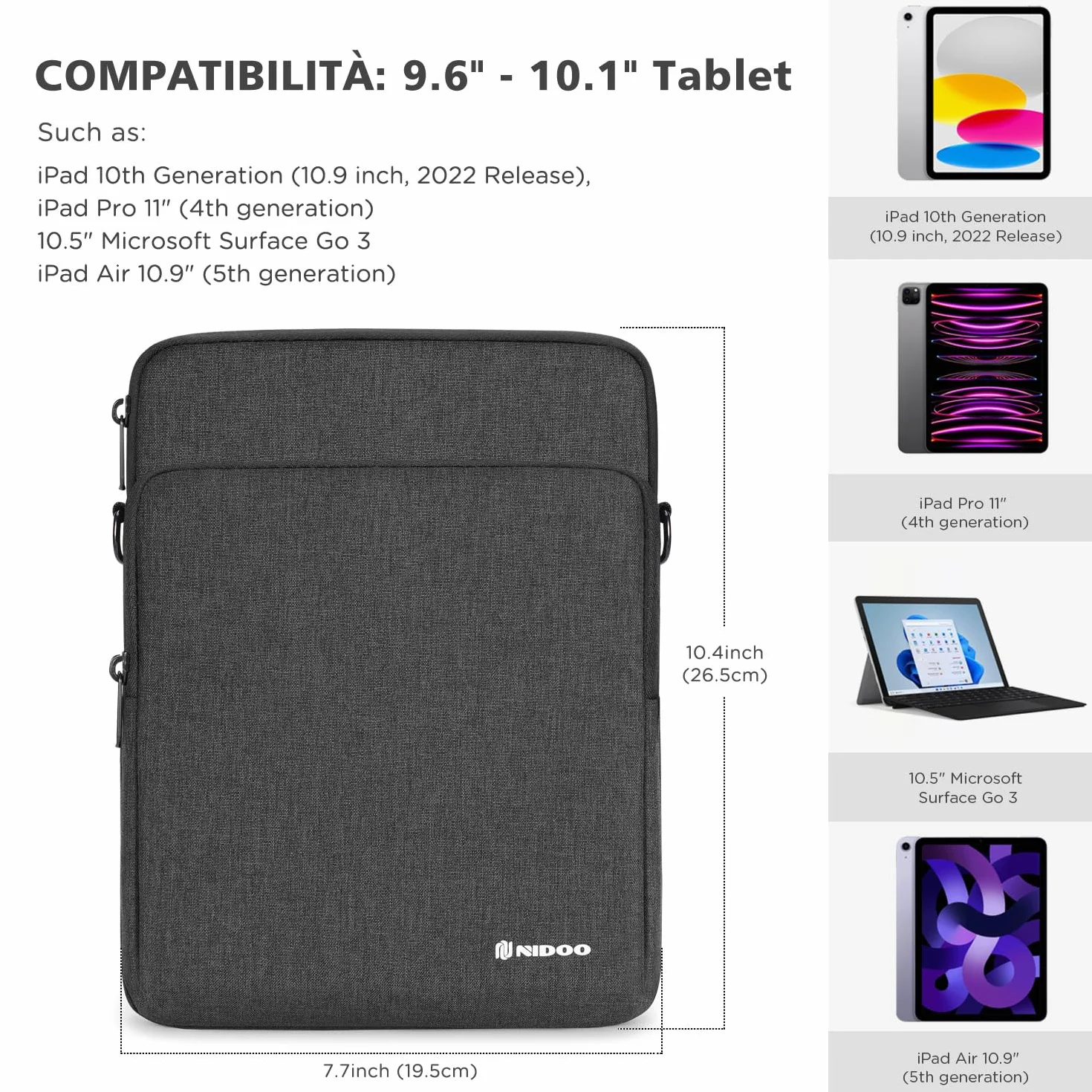 NIDOO 10 Pollici Tablet Borsa a Tracolla Messenger Porta PC Portatile Custodia Trasporto per 11" iPad Pro/ 11" 10.9" 10.5" iPad Air/ 10.9" iPad 10/ Surface Go 3 2/10.6" Tab M10 Plus/Galaxy Tab S8 A8