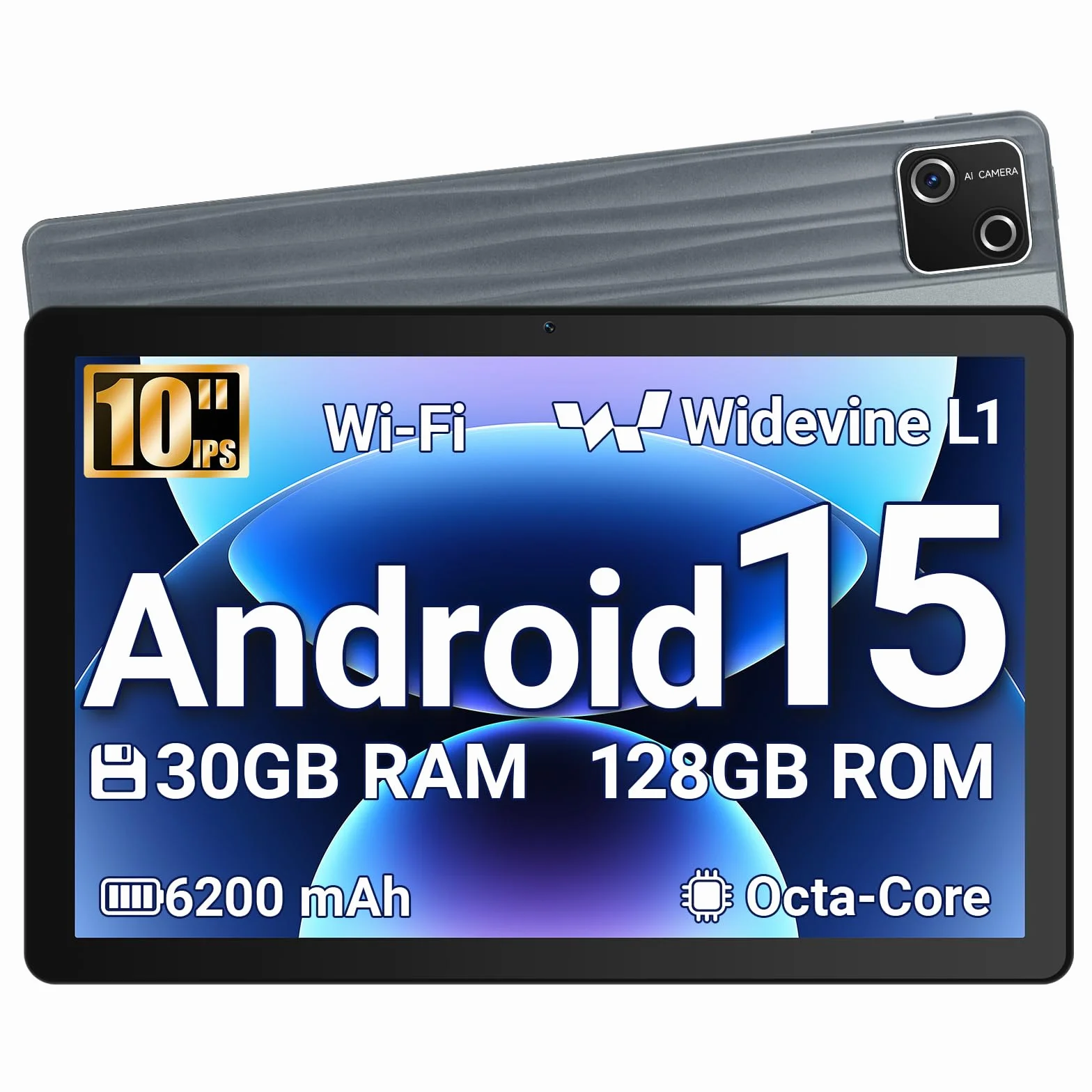 Tablet Android 15 GMS 30GB RAM 128GB ROM Octa-Core 6200mAh 1280x800 HD WiFi 6 BT 5.3 Grigio