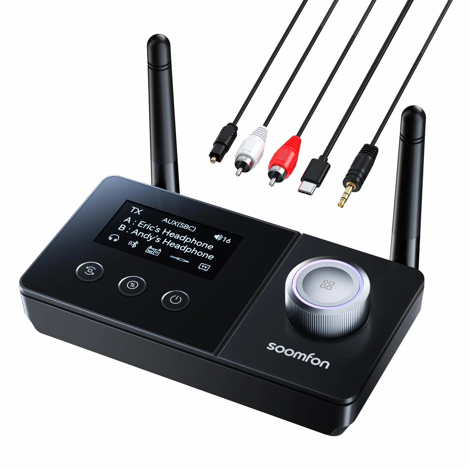 SOOMFON 3-in-1 Trasmettitore Ricevitore Bluetooth 5.3 con doppia Antenna, Adattatore Audio BT per 2 cuffie, Trasmettitore Bluetooth per TV e Stereo, con display e controllo del volume, AUX/Ottico