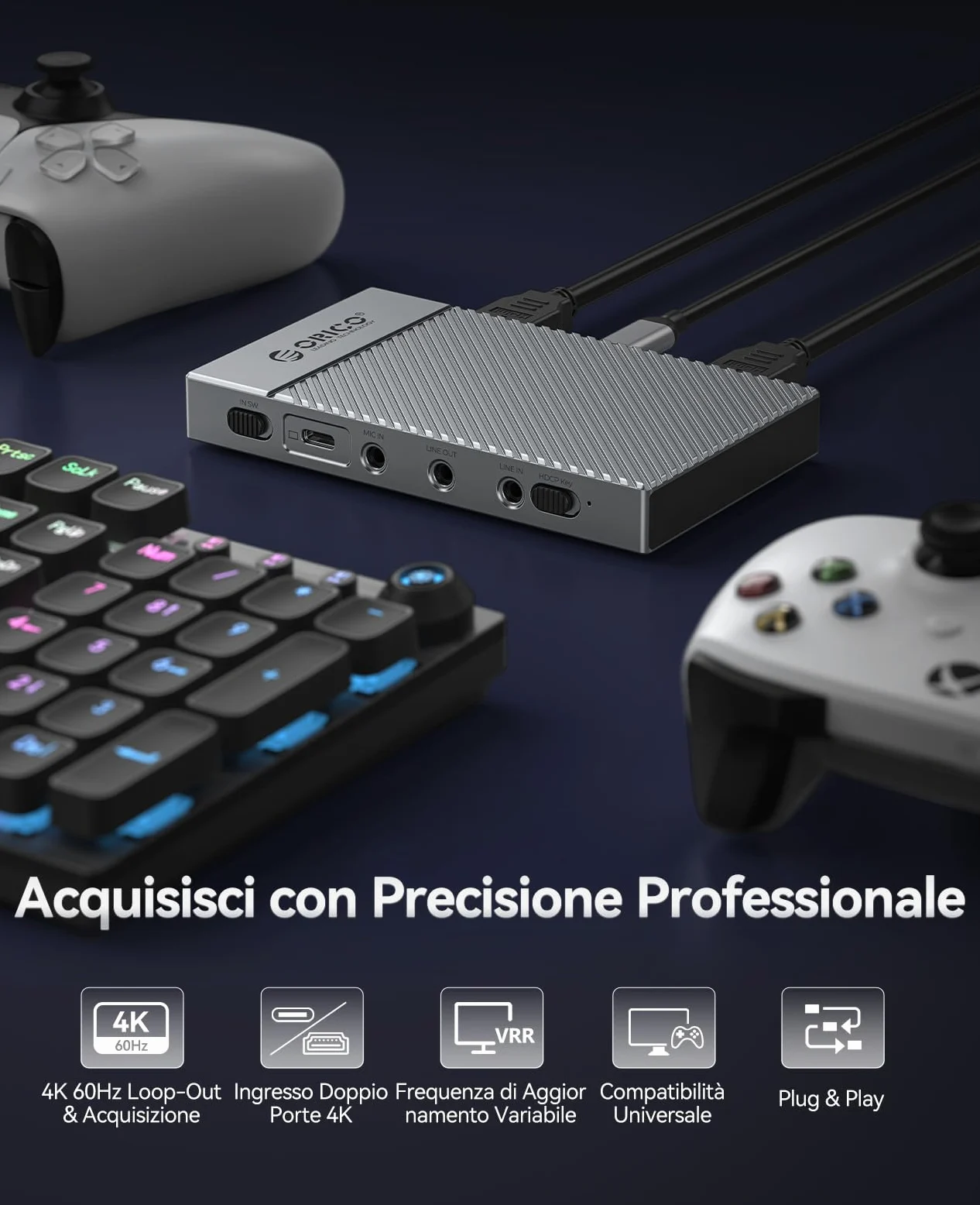 ORICO Cattura Video HDMI 4K@60Hz con Pass-Through - HDR, VRR, Bassa Latenza, Alta Velocità - Compatibile con Switch, PS5/PS4, Xbox, Windows, macOS, Linux, Android