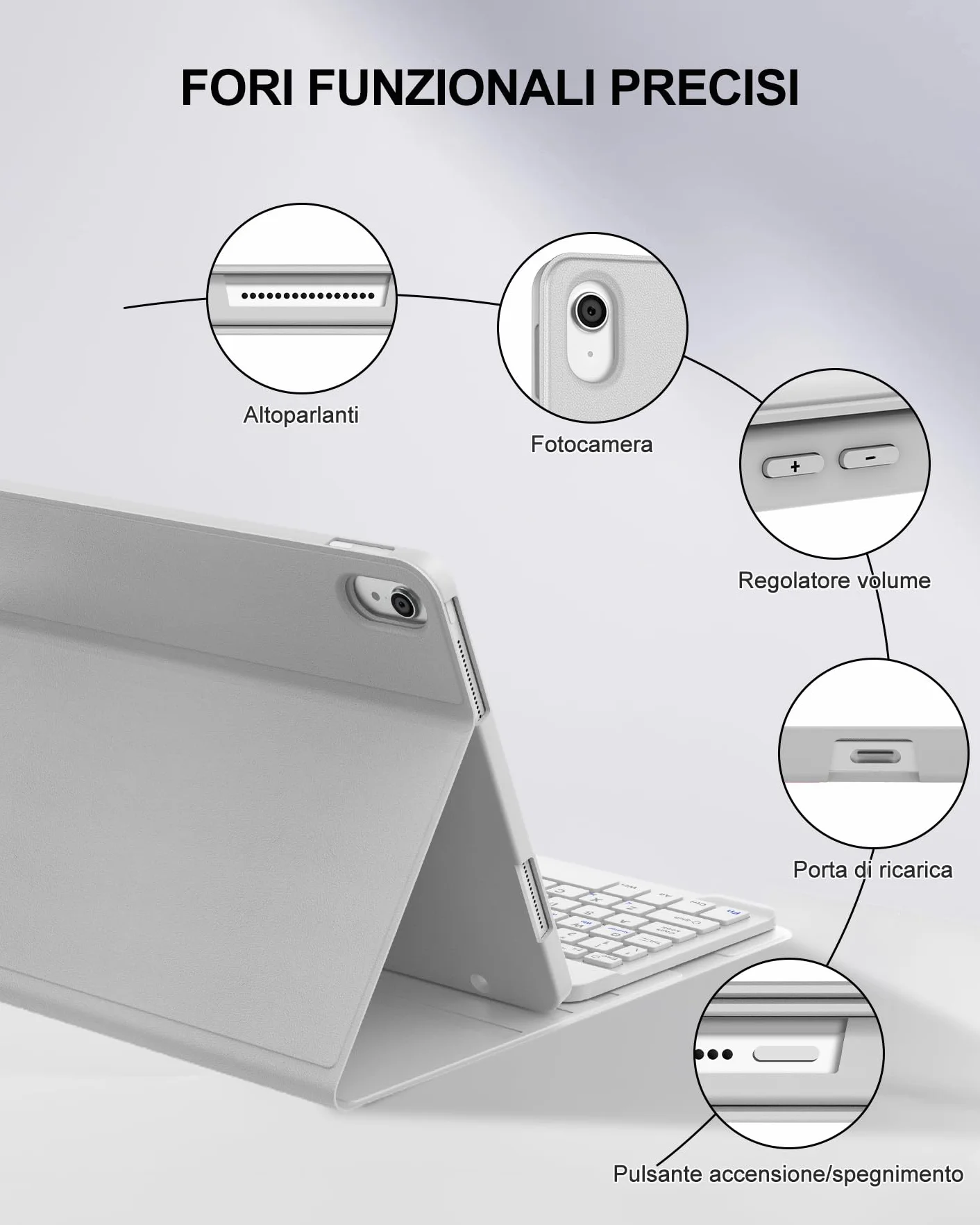 Cover con Tastiera per iPad A16 11" Gen (2025) e 10.9" Gen (2022), Italiano QWERTY, Senza Retroilluminazione e Senza Touchpad, Bluetooth 5.0, con Porta Penna Sottostante, Grigio Chiaro