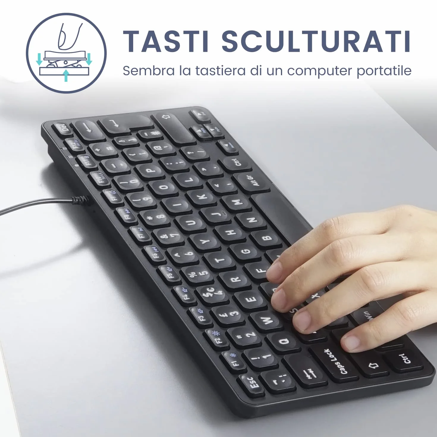 Perixx PERIBOARD-432 Mini tastiera cablata USB - Tasti a forbice tipo X -a stampa grande - Layout Italiano