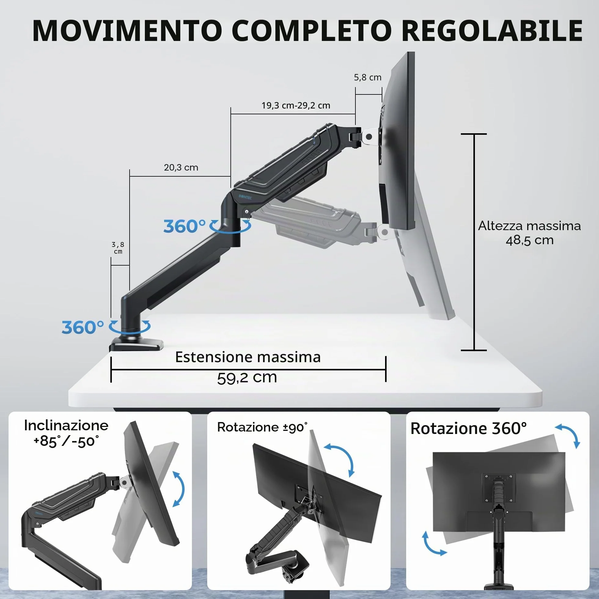 BONTEC Supporto Monitor da Scrivania 15-34 Pollici, Braccio Monitor a Gas Ergonomico Fino a 12 KG, Vesa 75x75 100x100, Inclinazione Rotazione Altezza Regolabile, Staffa Stabile con Gestione Cavi
