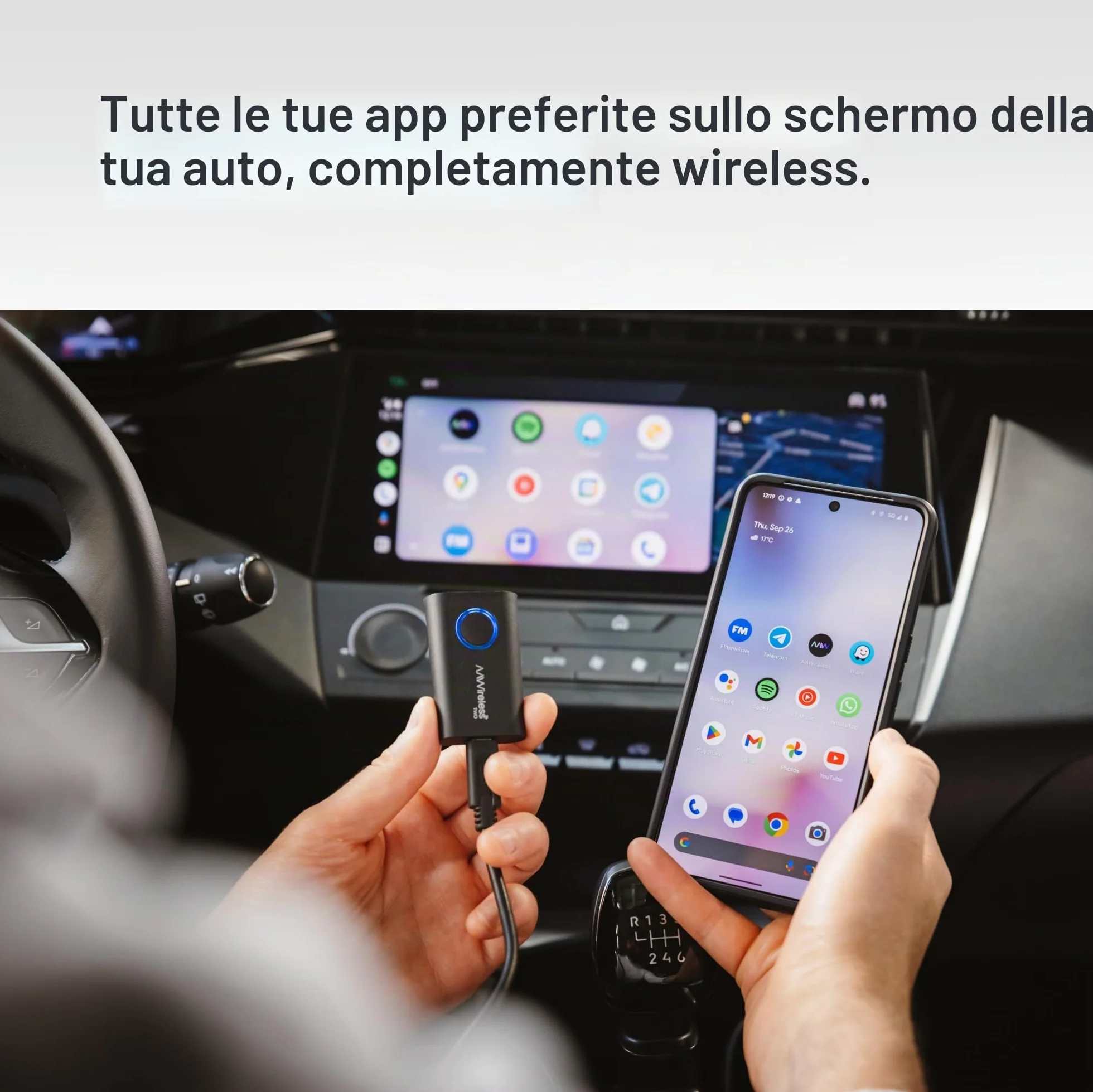 AAWireless Two+ Android Auto e Apple Carplay 2 in 1 - Connessione wireless tramite Bluetooth e WiFi - Adatto per iOS 10+ e Android 11+ - Pulsante multifunzione - Prodotto in Europa