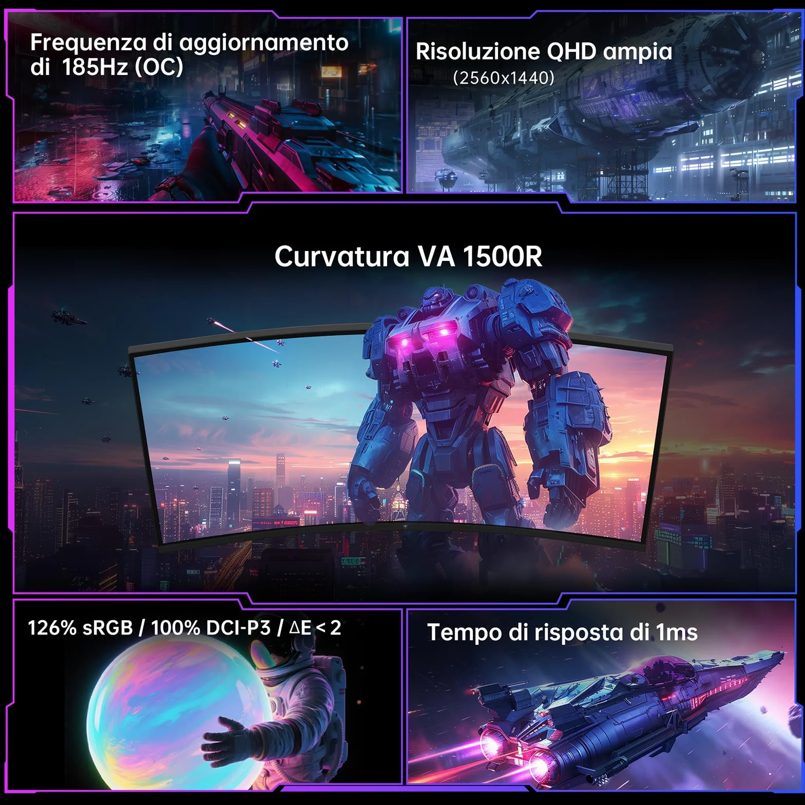 KTC Monitor Gaming Curvo 32 Pollici QHD 185Hz 1ms HVA 1500R 96% DCI-P3 HDR10 VESA 100×100mm H32S5