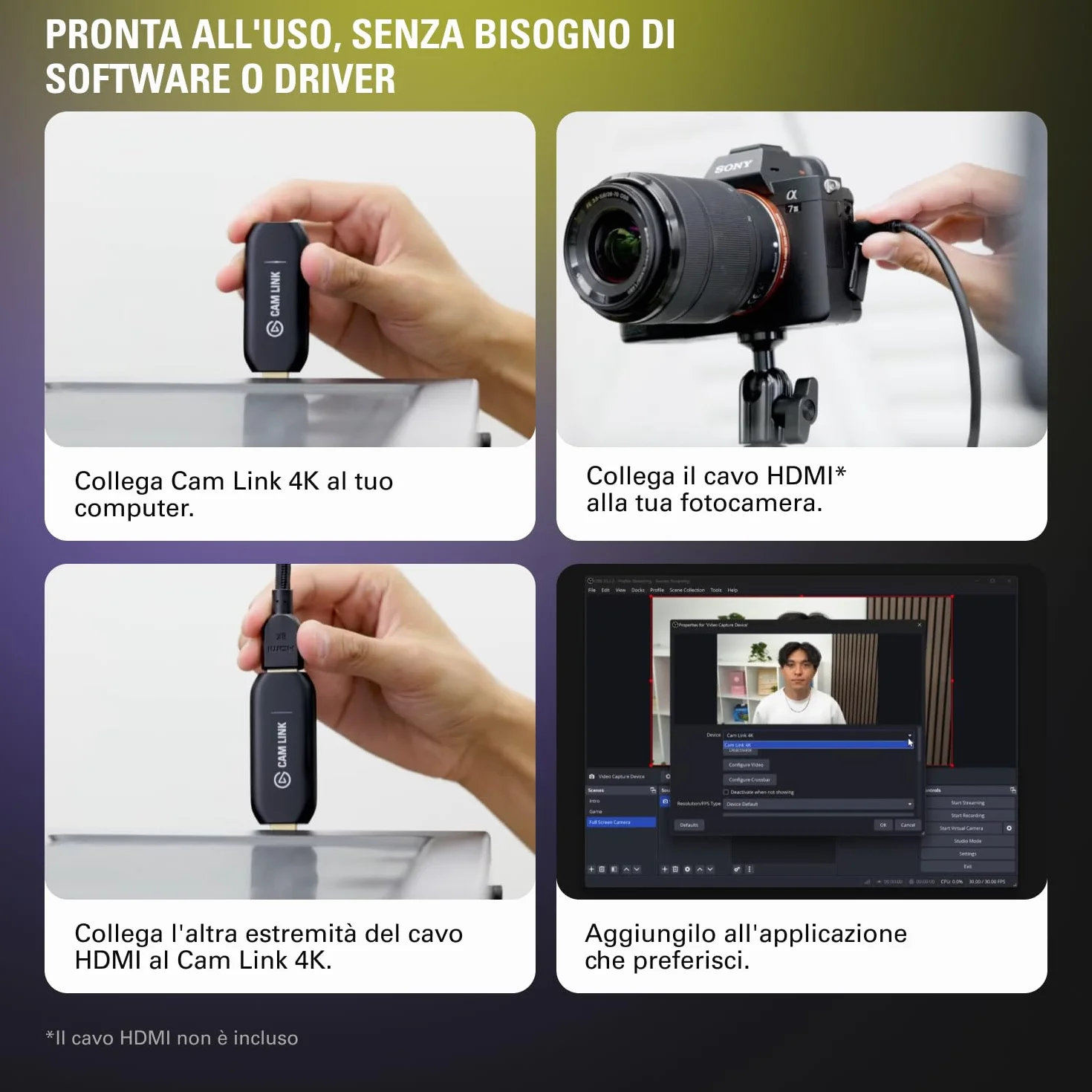 Elgato Cam Link 4K, trasmetti live, registra via DSLR, camcorder, action cam, 1080p60, 4K/30FPS, HDMI, USB 3.0, videoconferenze, home office, Zoom, Teams