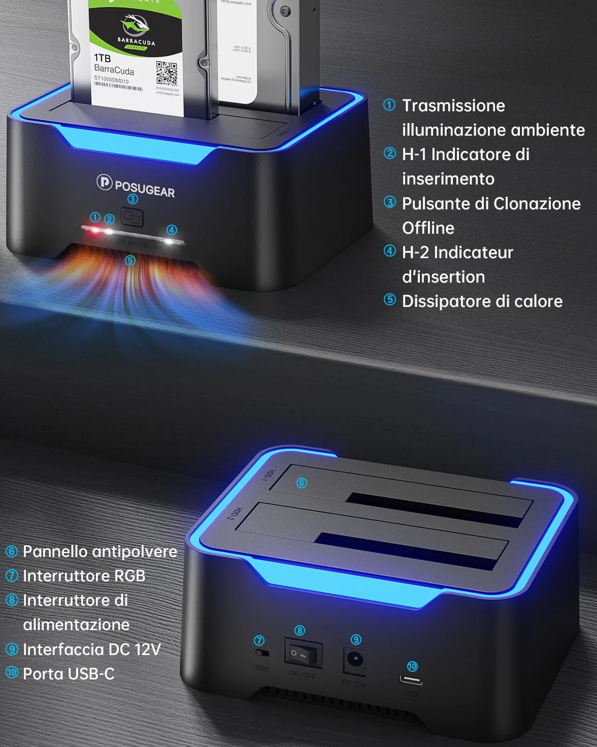 POSUGEAR Hard Disk Docking Station USB 3.2 Gen 1 per HDD/SSD SATA da 2,5 e 3,5 Pollici, Doppio Alloggiamento Dock per Disco Rigido Fino a 40TB con UASP e Cavo 2-in-1 Supporto Clonazione Offline