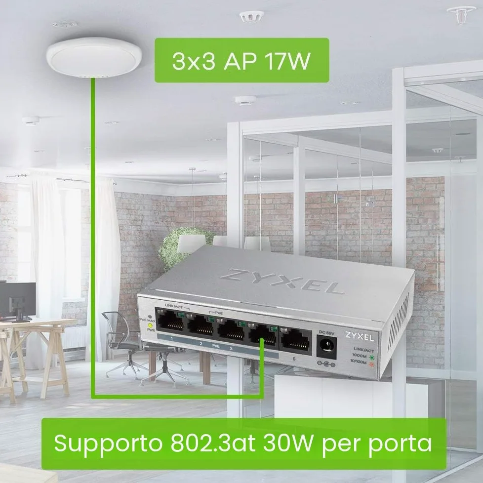 Zyxel Switch Gigabit 5 Porte | Unmanaged | 4x PoE+ con Budget di 60 W | Plug and Play Network Ethernet Splitter [GS1005HP]