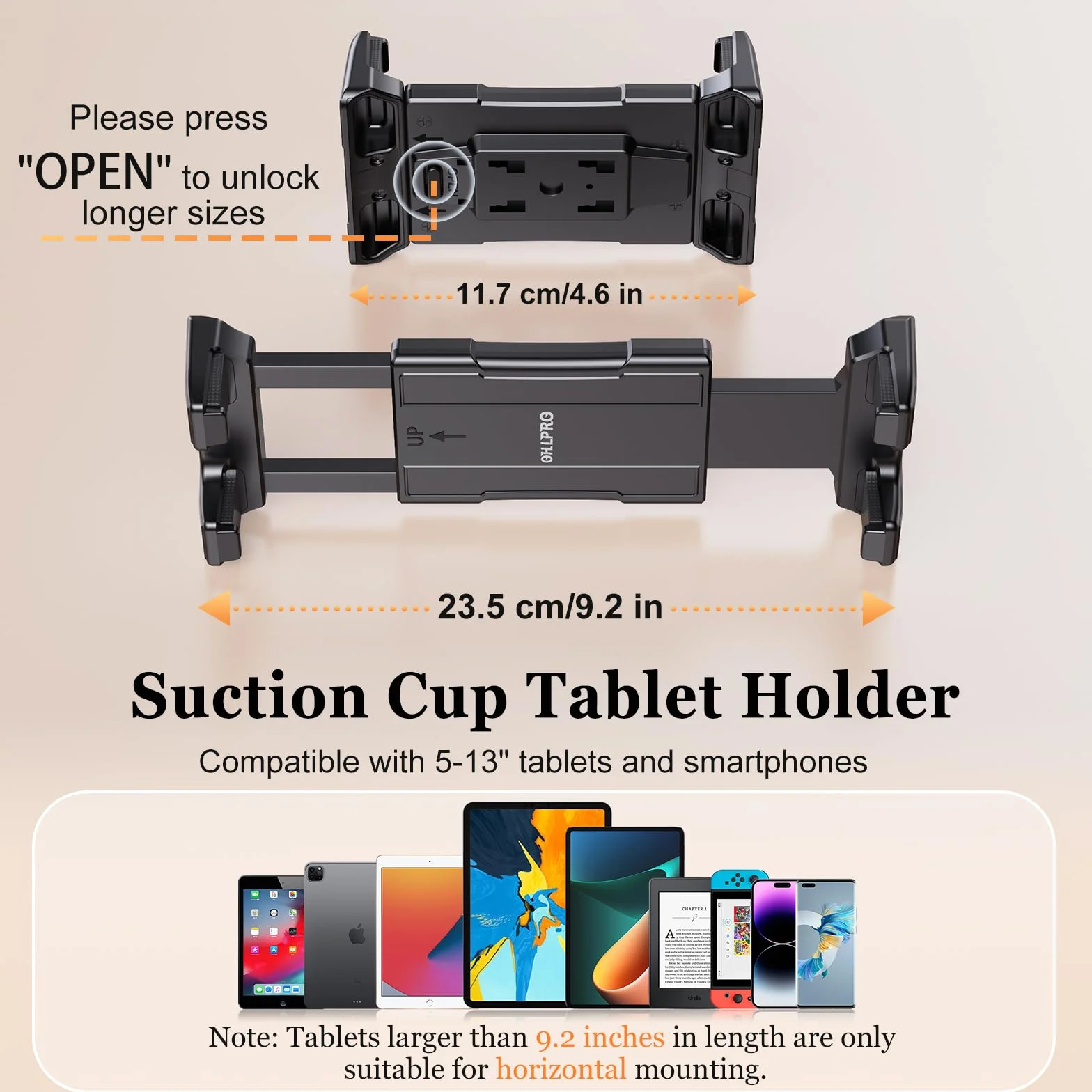 OHLPRO Tablet Holder Car Dashboard Windshield, 360° Adjustable Suction Cup Mount for iPad 5"-13" iPad Pro Air Mini Galaxy Tab S9 Fire HD 10 Switch Kindle
