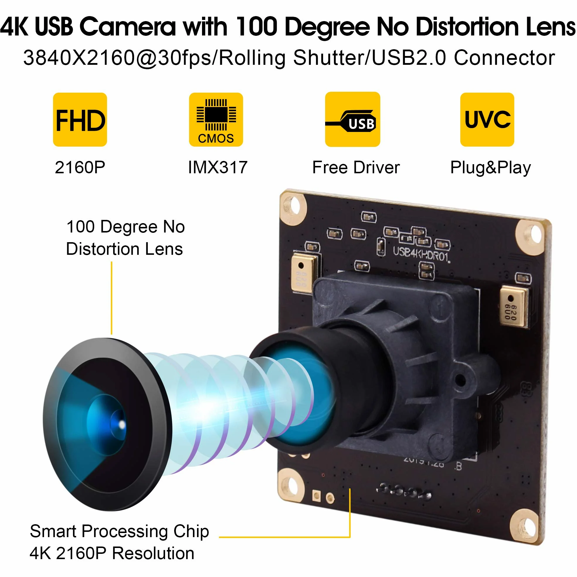 G Modulo fotocamera USB 4K, modulo webcam 2160p, modulo grandangolare UHD 30 fps, 100 gradi, senza distorsioni USB con fotocamera, video desktop, computer, scheda di memoria per Windows, Android, Mac,