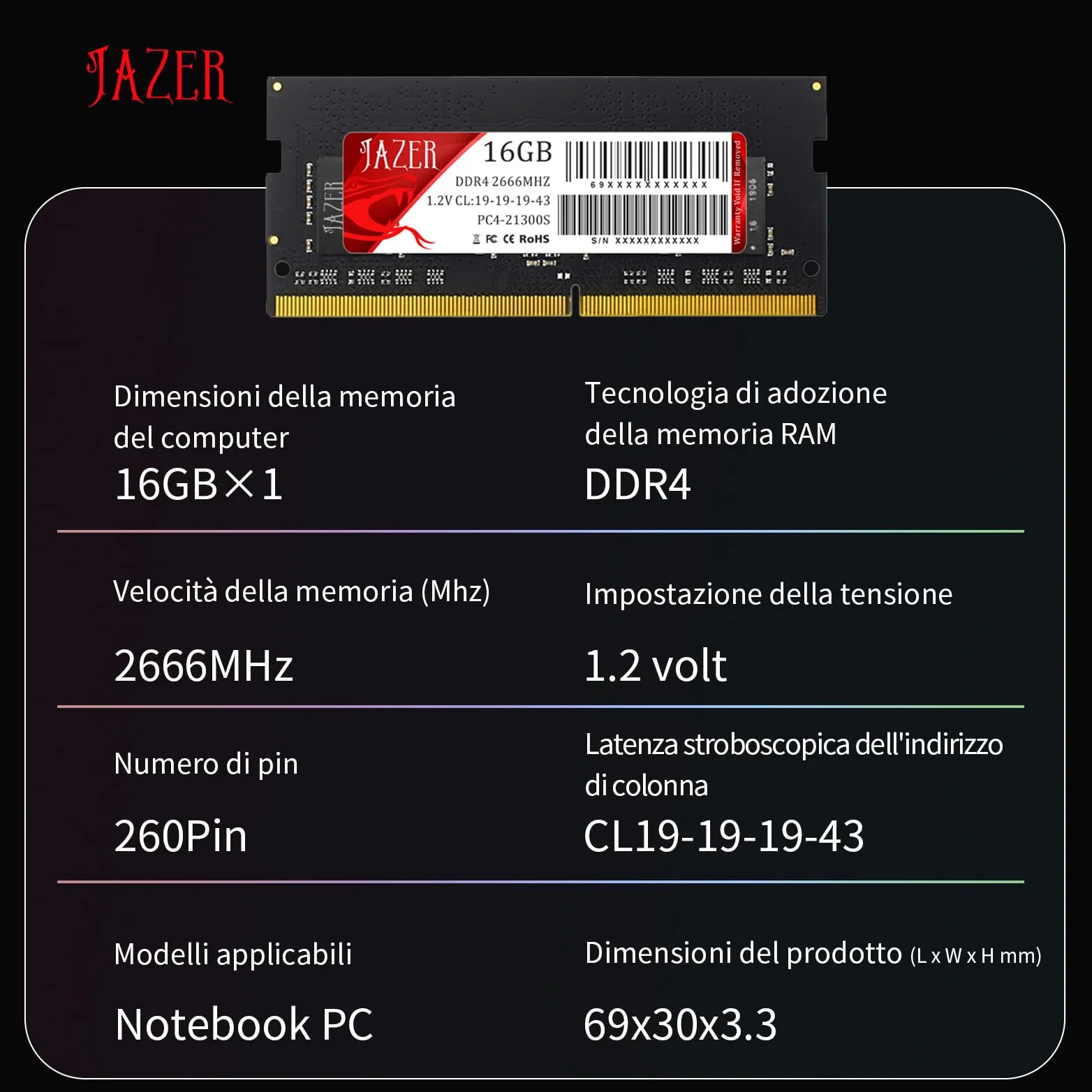 JAZER DDR4 16GB 2666MHz SODIMM PC4-21300 1.2V CL19 Módulo de Memoria para Portátil