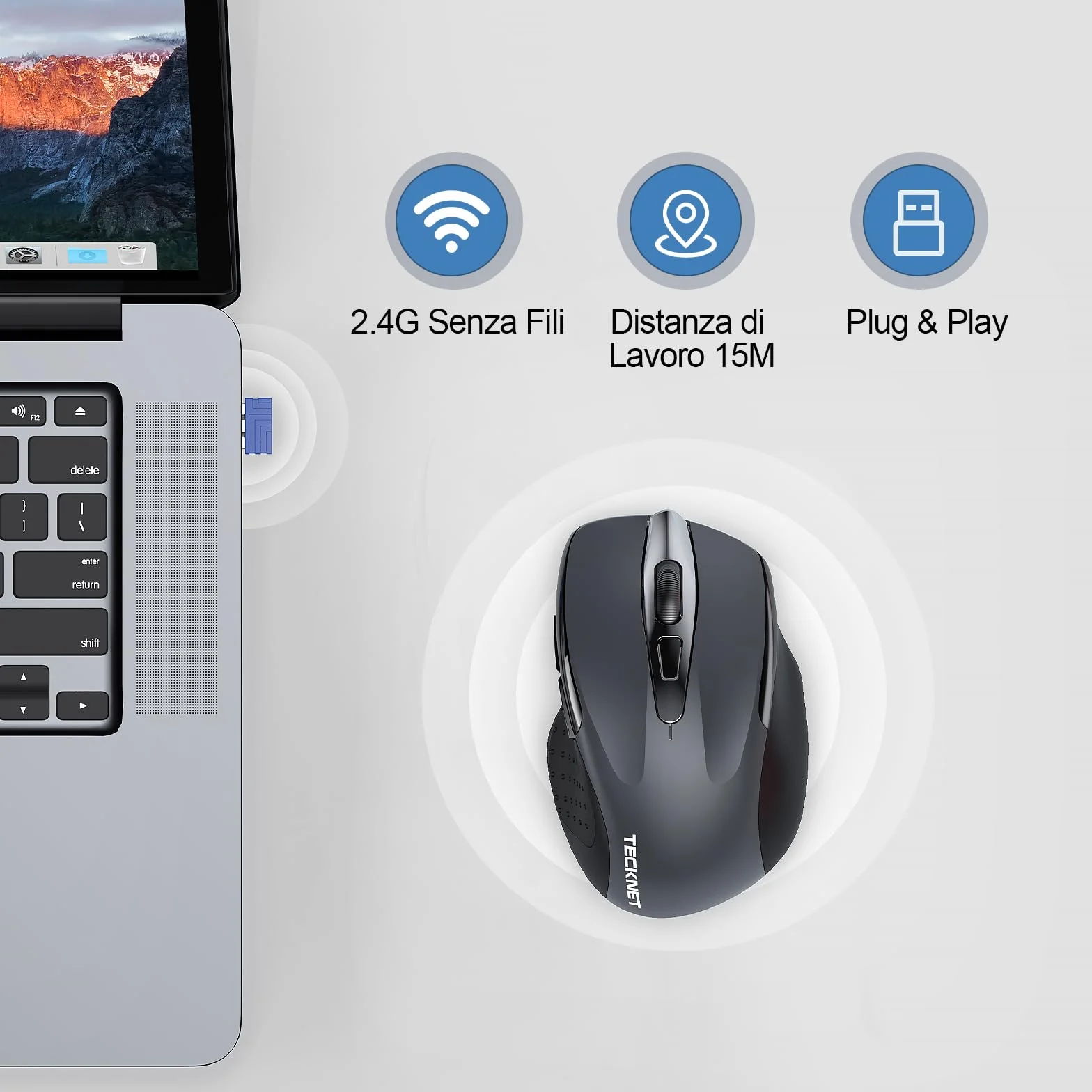 TECKNET Mouse Wireless Ricaricabile, Silenzioso Mouse Senza Fili, Riduzione Rumore Fino a 90%, 4800 DPI, 6 Pulsanti Mouse Ergonomico, 2.4G Mouse USB Compatibile con PC Portatile, Mac, Laptop