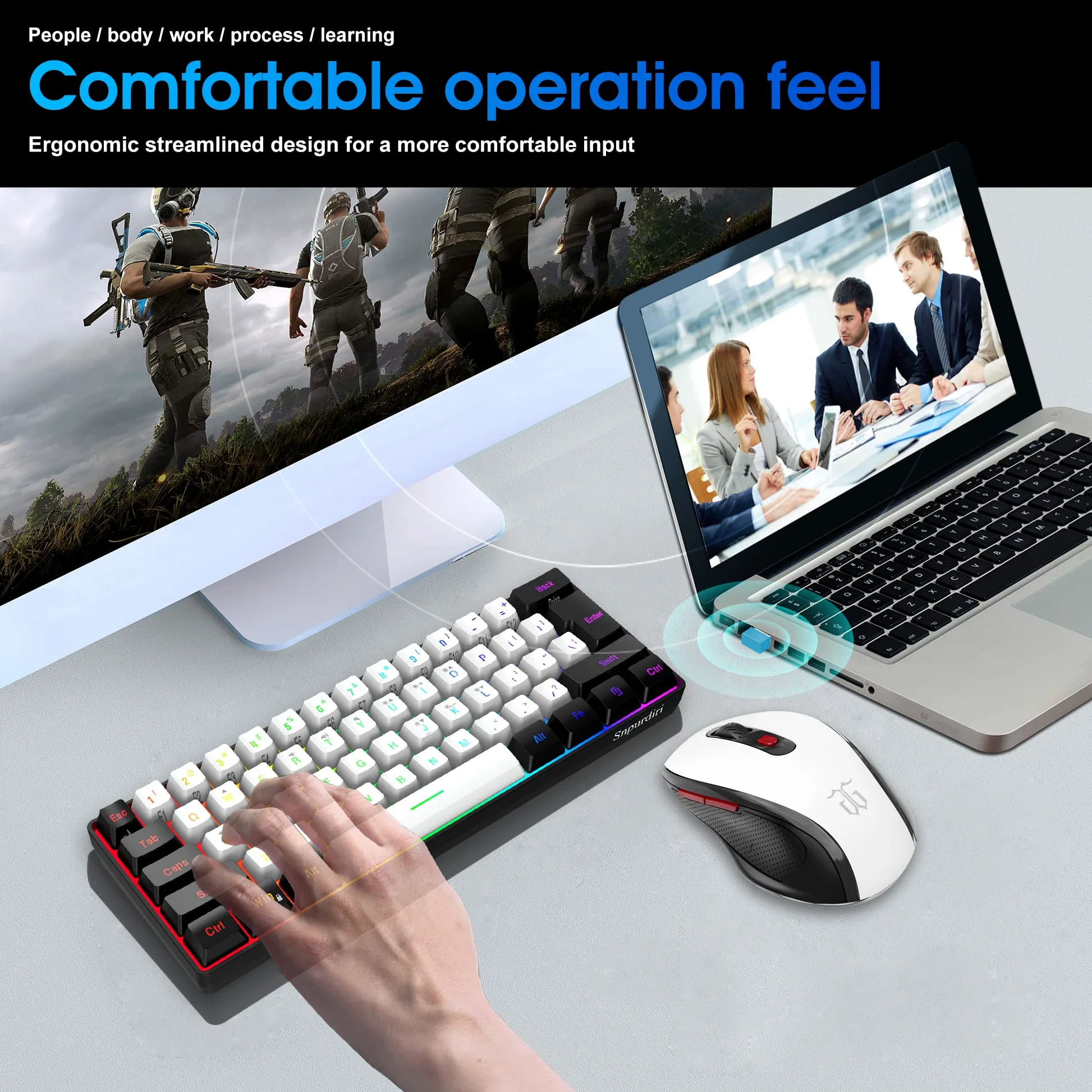 Snpurdiri 60% tastiera mouse senza fili, wireless Gaming Combo, include 2,4 G Small Mini 60% Merchanical Feel, design ergonomico Vertical Feel Mouse (Blackwhite)