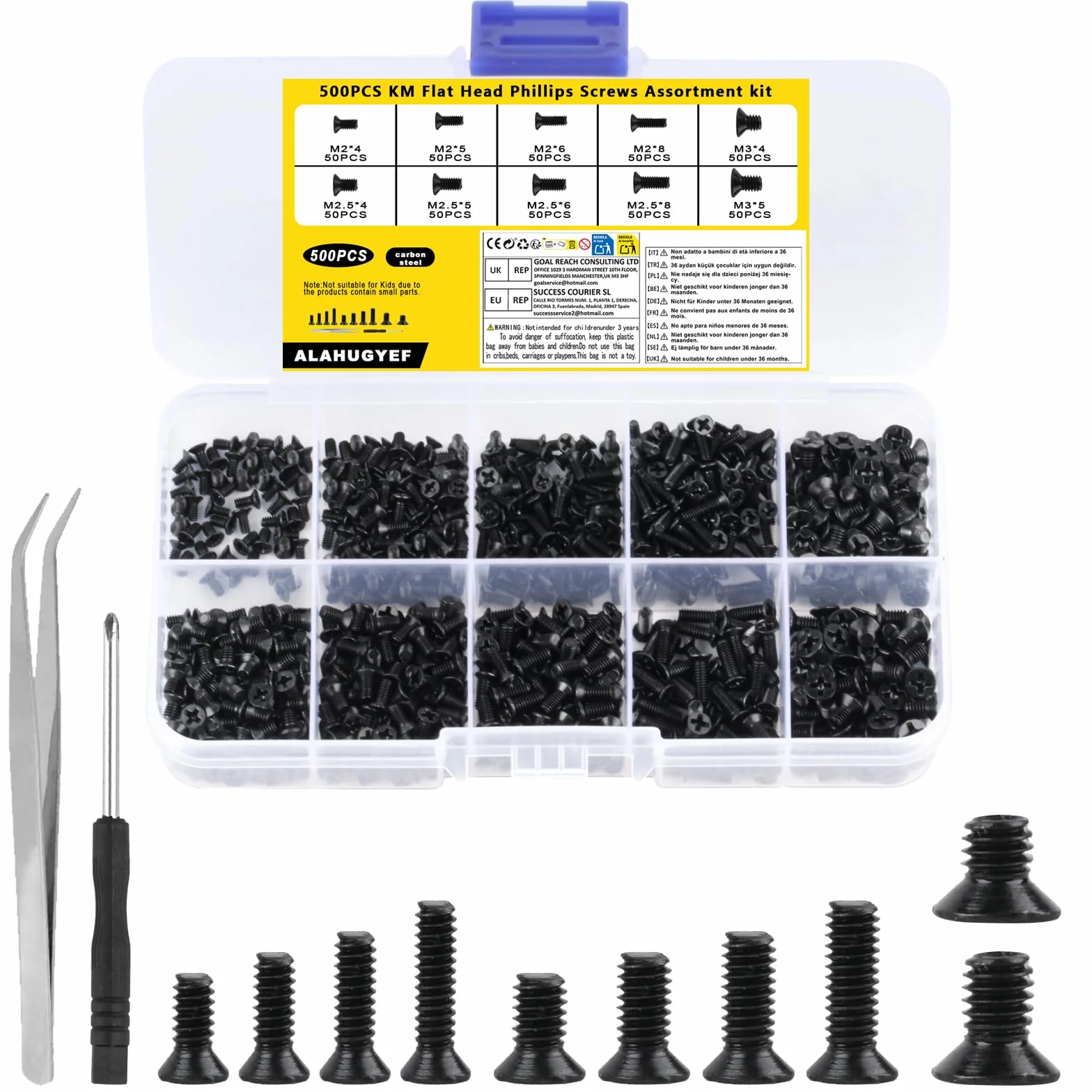 500 Pezzi Viti a Macchina a Testa Svasata M2 M2.5 M3, Kit Assortimento a Croce per Riparazione Computer, Nero