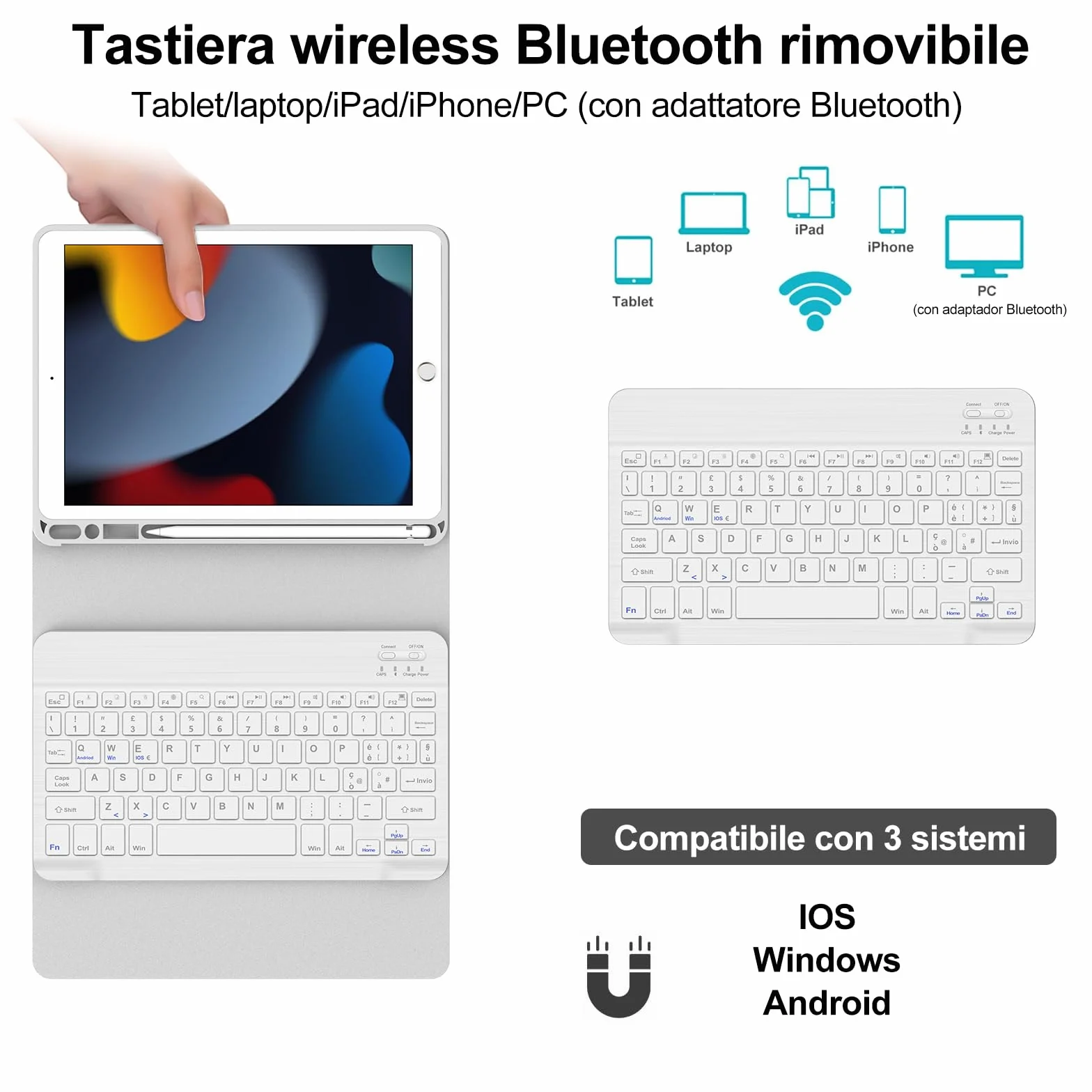 IVEOPPE Custodia Tastiera per iPad 9a Gen 2021/8a Gen 2020/7a Generazione 2019 10.2"/iPad Air 3/Pro 10.5 2017, Cover Tastiera Italiana Rimovibile per ipad, Grigio chiaro