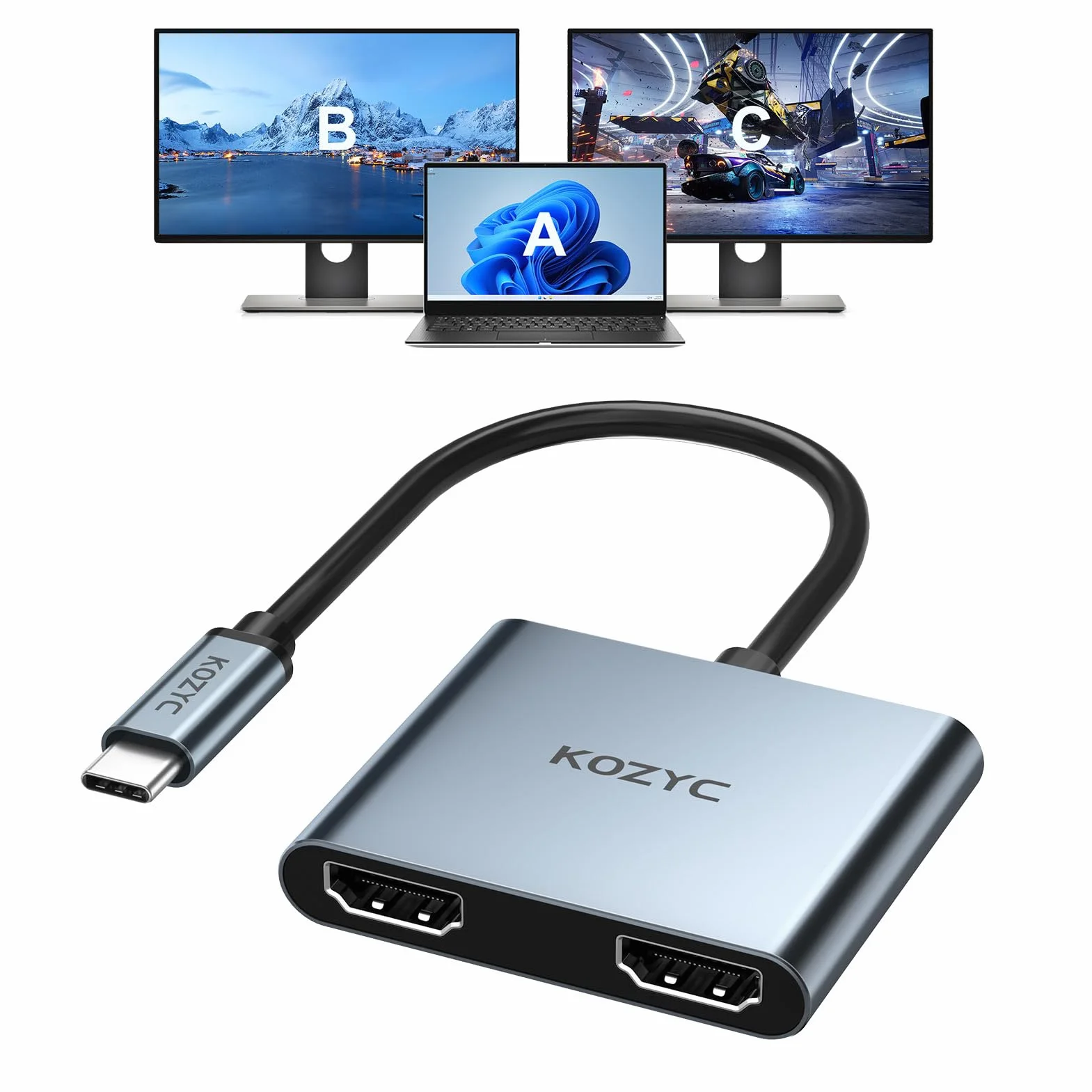 KOZYC Adattatore da USB C a doppio HDMI, 4K a 60 Hz, splitter da tipo C a HDMI, display esteso per MacBook/MacBook Pro Air Dell XPS13/15, Samsung Galaxy S9/S9+ (MST supporta solo Windows OS)