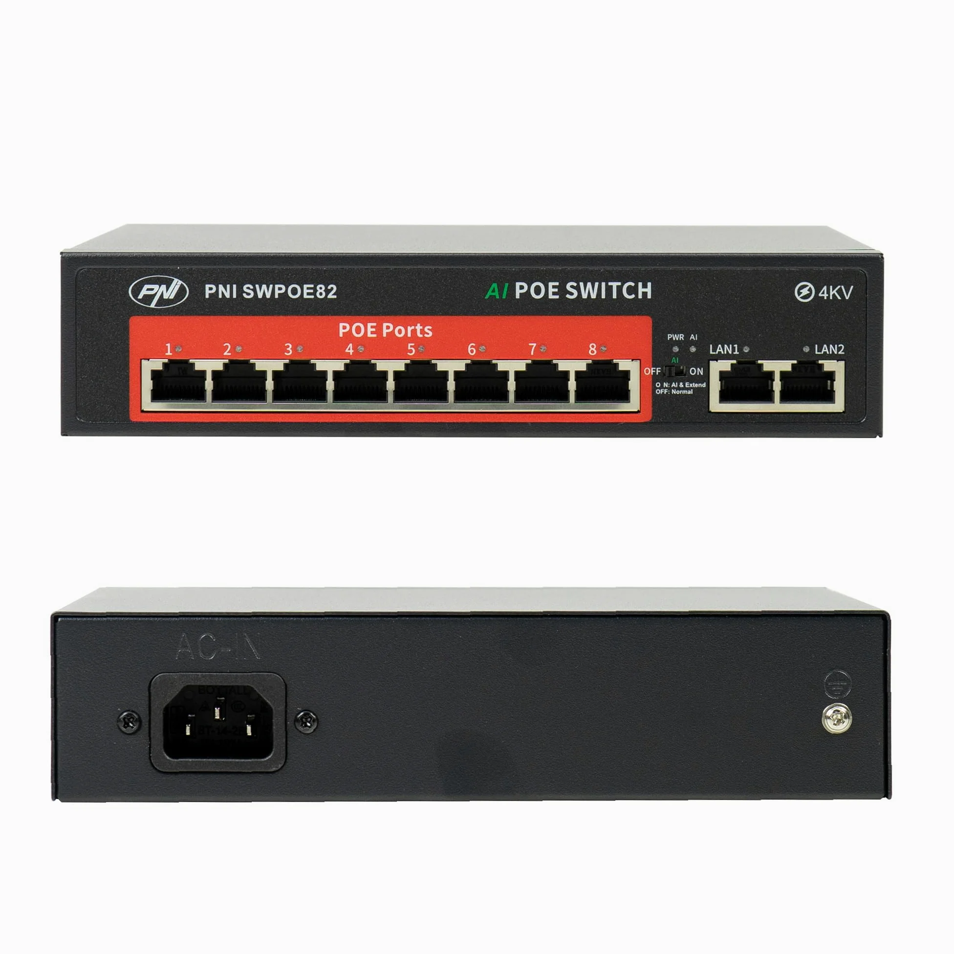 Switch POE SWPOE82 PNI, 8 porte POE da 100 Mbps e 2 porte UP Link da 100 Mbps, 120 W, funzione AI Extend fino a 250 m, protezione contro i fulmini da 4 kV