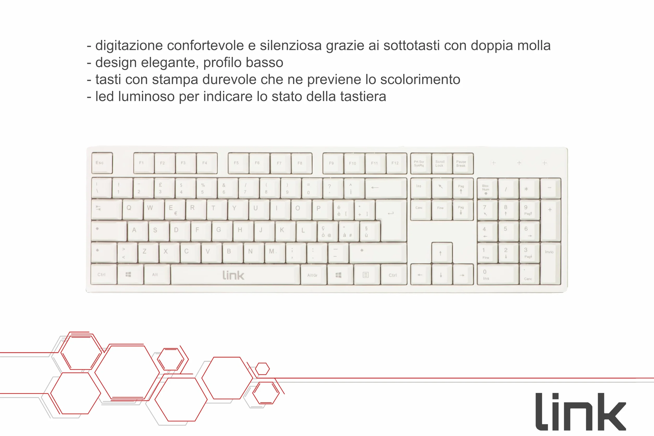 LINK Tastiera Italiana 105 Tasti Colore Bianco CONNETTORE USB