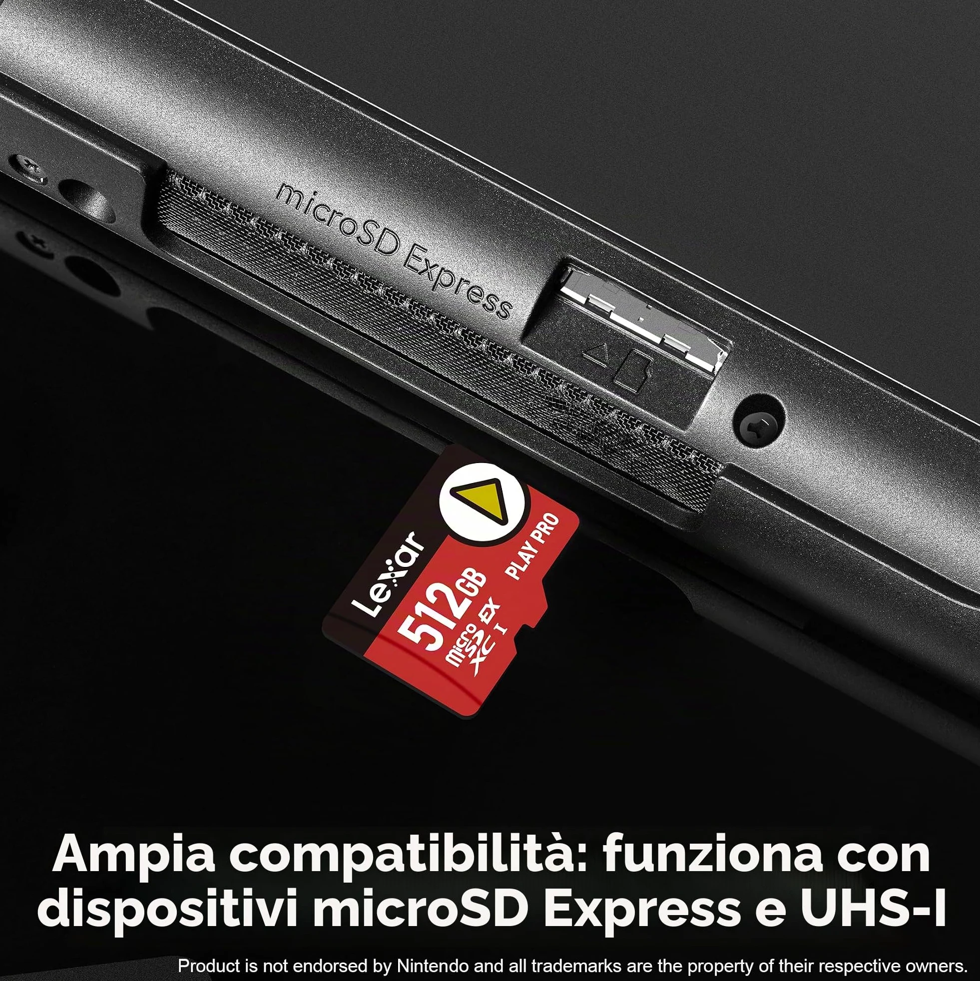 Lexar Play Pro microSDXC Express Card da 512 GB, UHS-I, C10, U3, V30, A2, Full-HD, video 4K, fino a 900 MB/s in lettura, per Nintendo Switch 2, ASUS ROG Ally, Steam Deck, dispositivi di gioco | Compatibile con Nintendo Switch 2, retrocompatibile con dispo